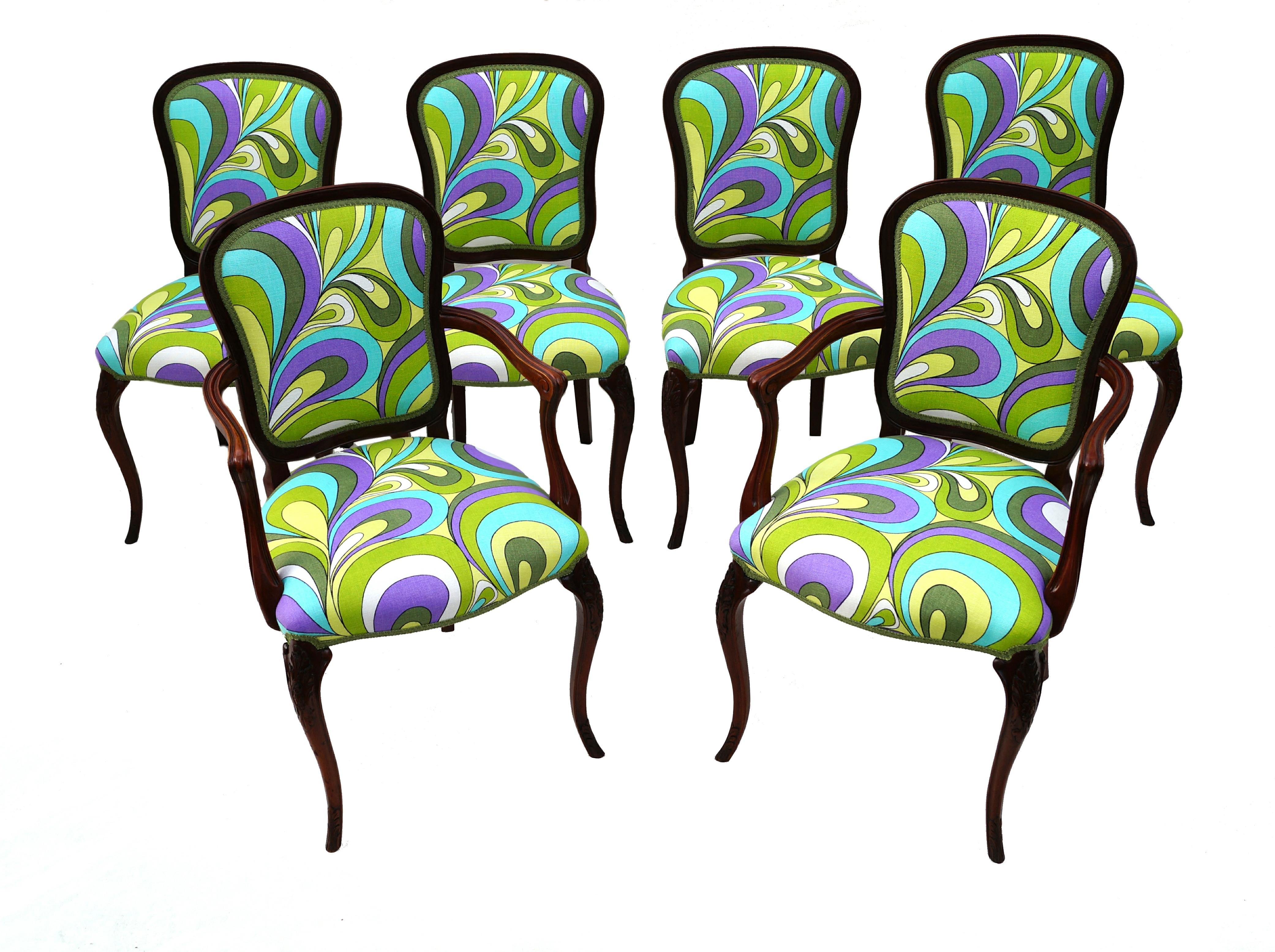 Set 6 Unusual French Provincial Hollywood Regency Pucci Style Dining Room Chairs In Fair Condition For Sale In Wayne, NJ
