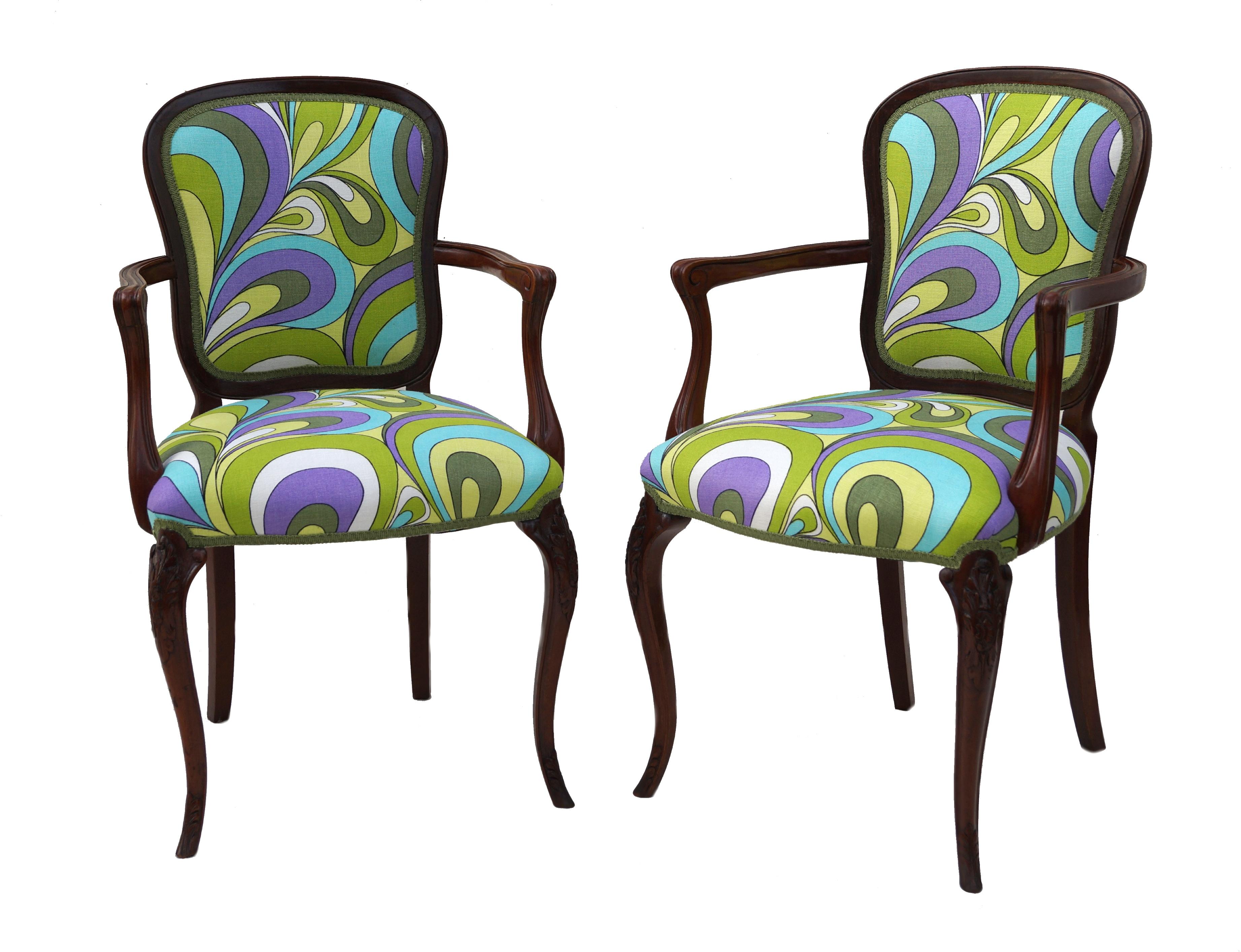 Mid-20th Century Set 6 Unusual French Provincial Hollywood Regency Pucci Style Dining Room Chairs For Sale