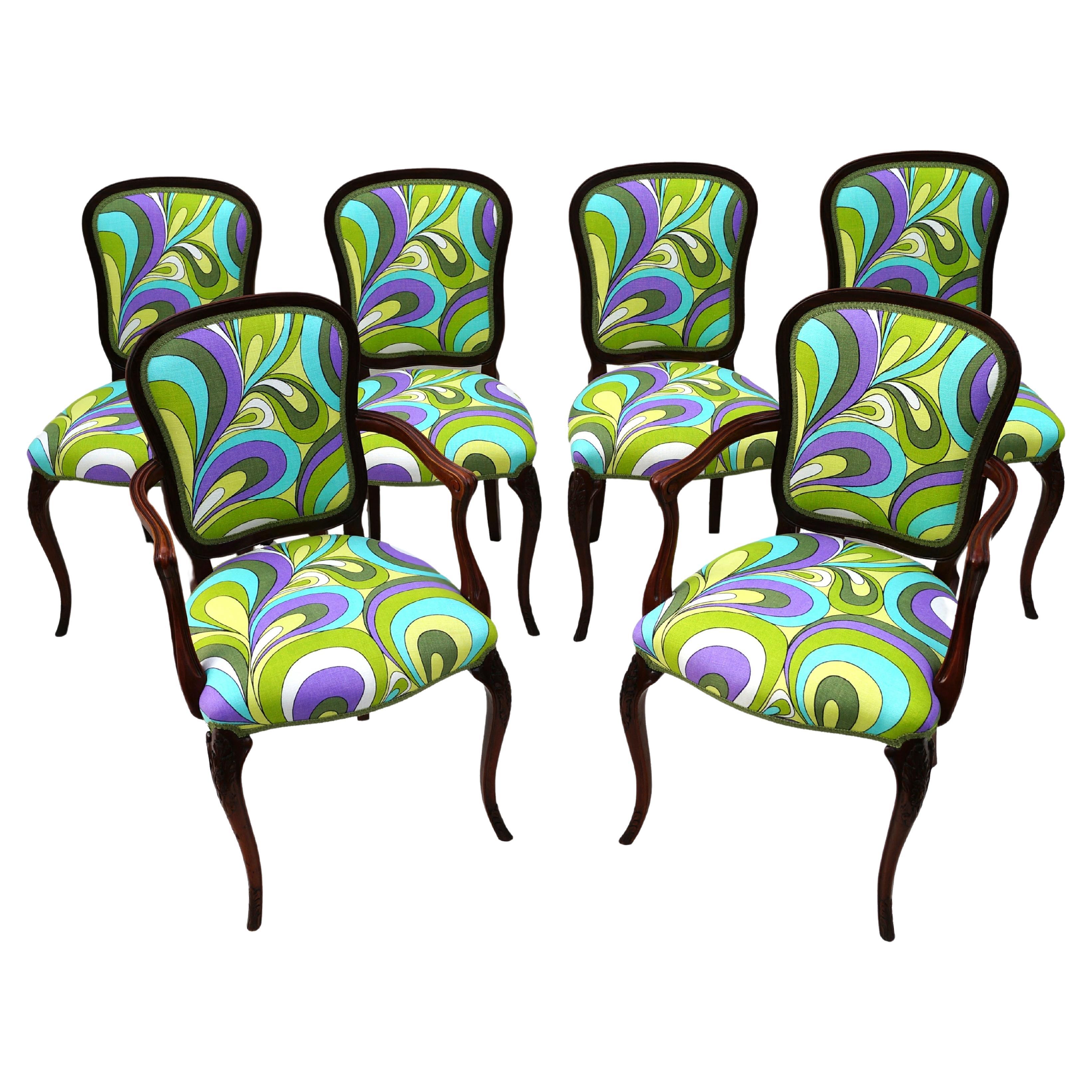 Set 6 Unusual French Provincial Hollywood Regency Pucci Style Dining Room Chairs