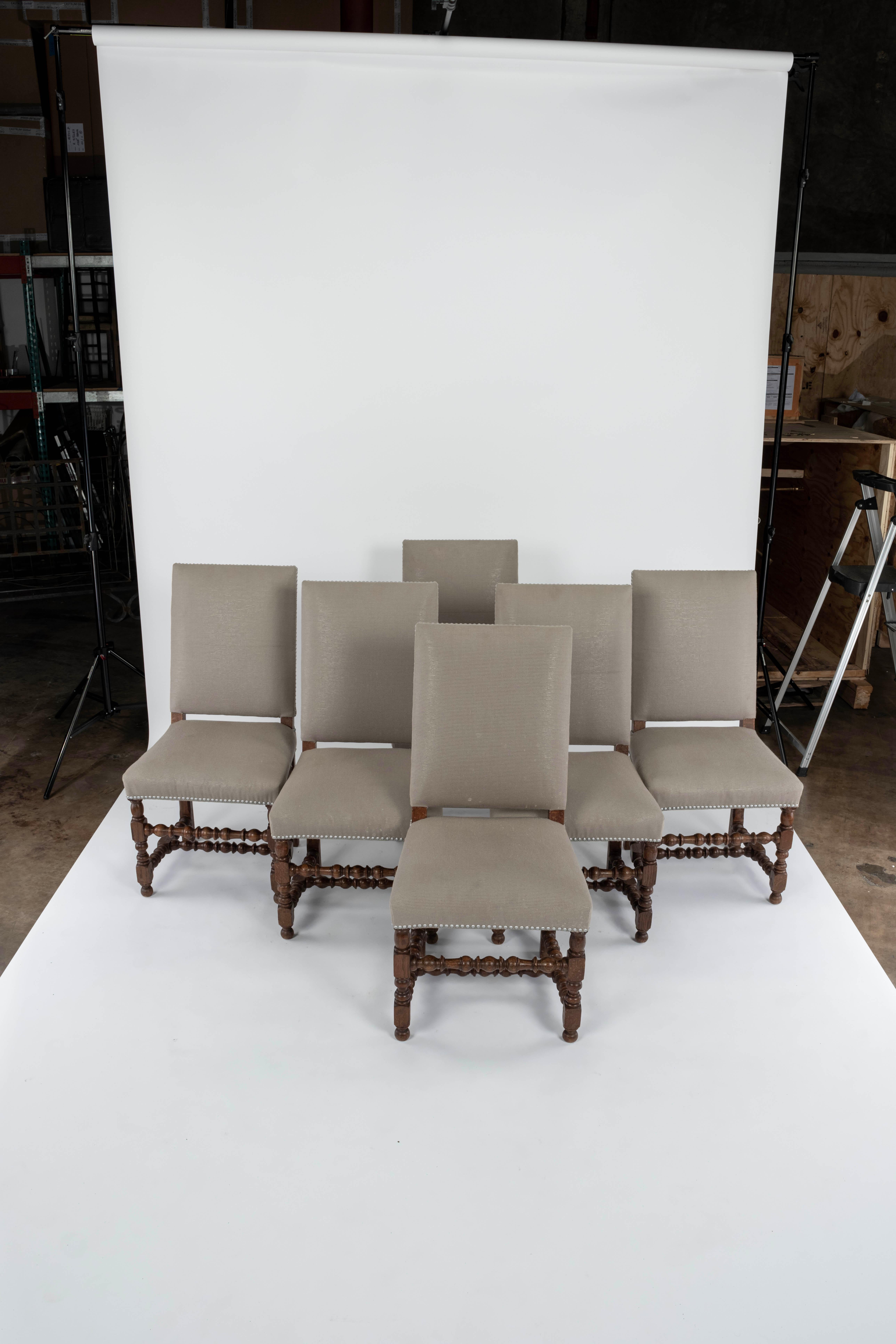 Set of 6 Upholstered Dining Chairs with Turned Wood Legs For Sale 6