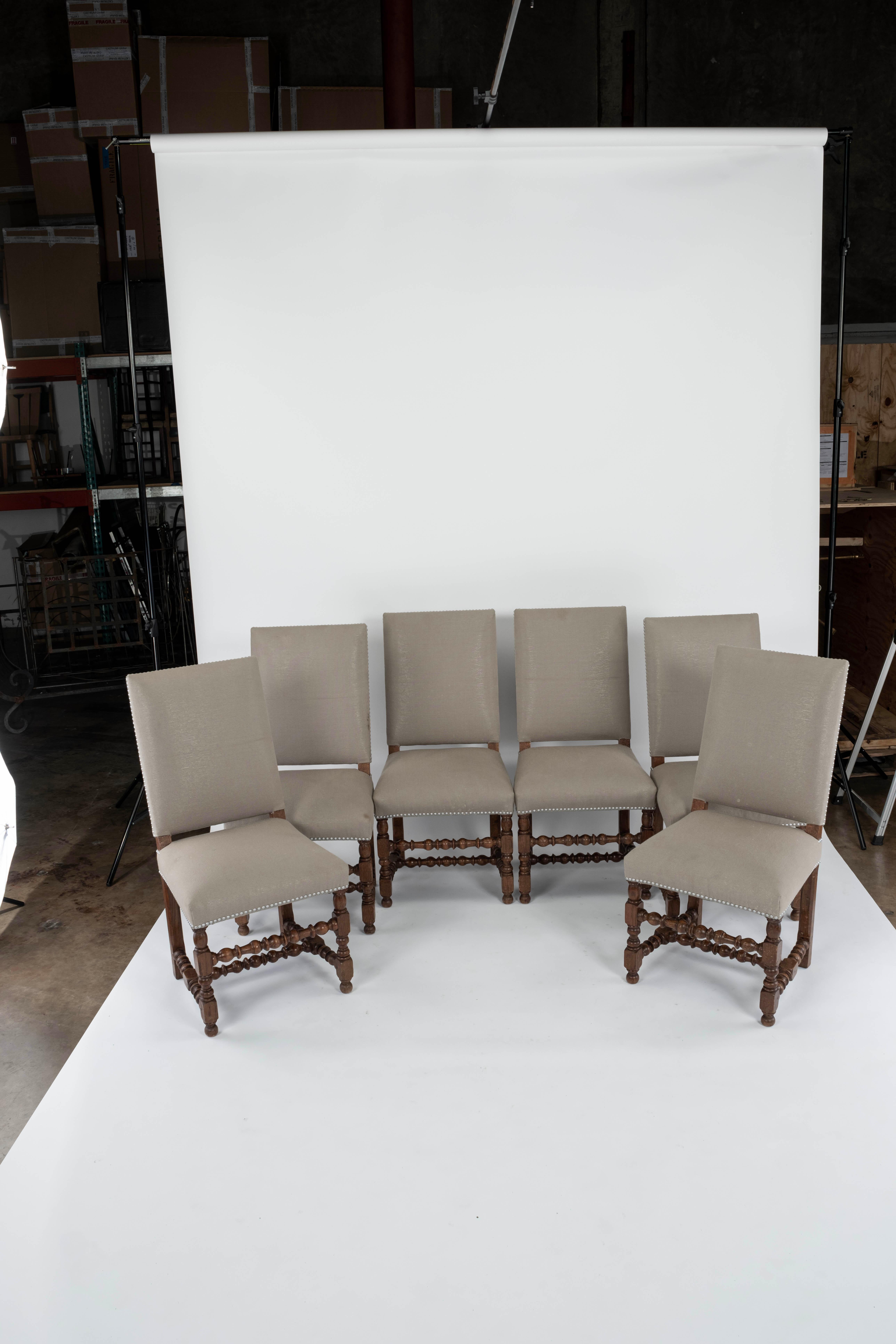 Set of 6 Upholstered Dining Chairs with Turned Wood Legs For Sale 2