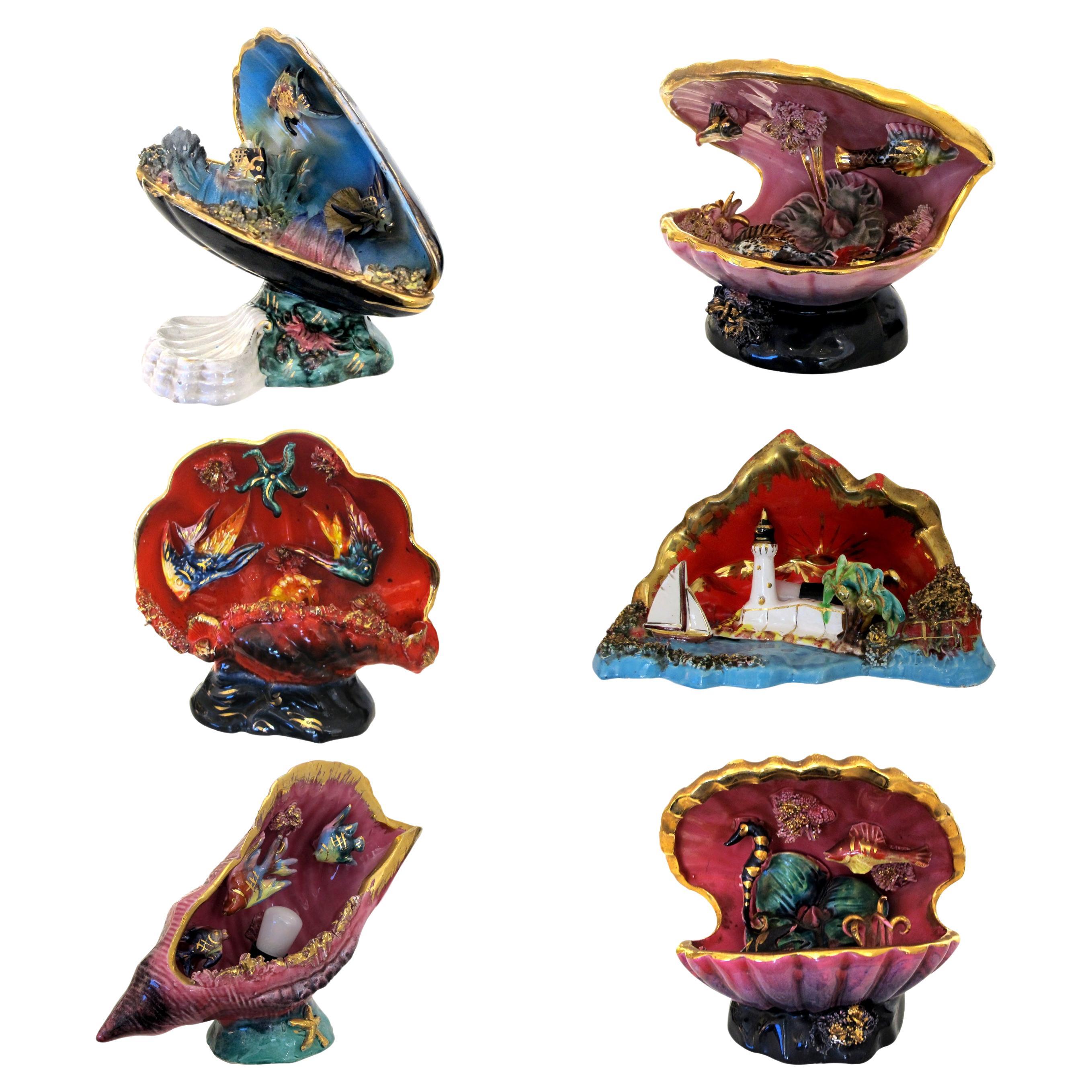 Set von 6 glasierten Vallauris-Tischlampen aus Keramik in Form von Muscheln, 1950er Jahre im Angebot