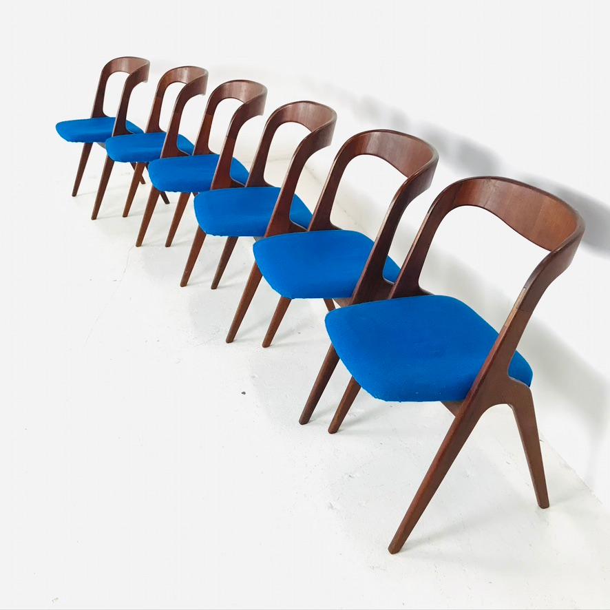 Set of 6 vintage sculptural Danish dining chairs. Solid teak frames, well padded and with solid structure. Designed in Denmark, 1960s.