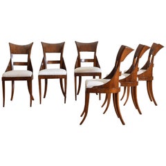 Set of 6 Venetian Walnut Veneered Dining Chairs, Early 19th Century