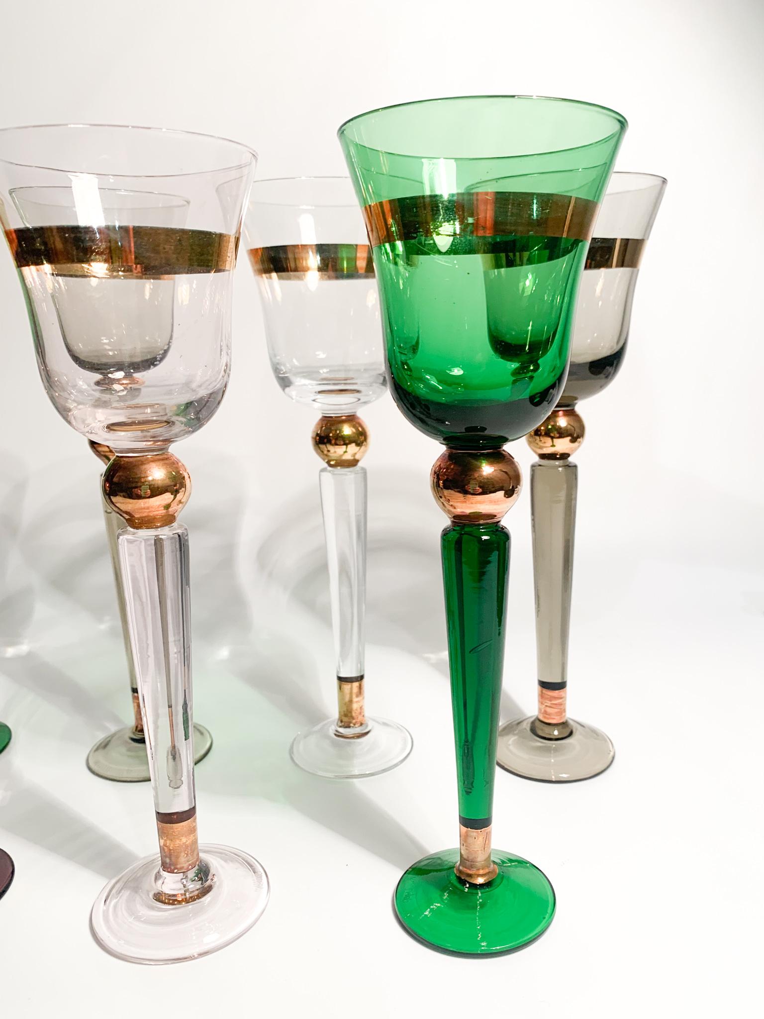 Art Deco Set of 6 Venini Multicolored Murano Glass Goblets from the 1950s For Sale