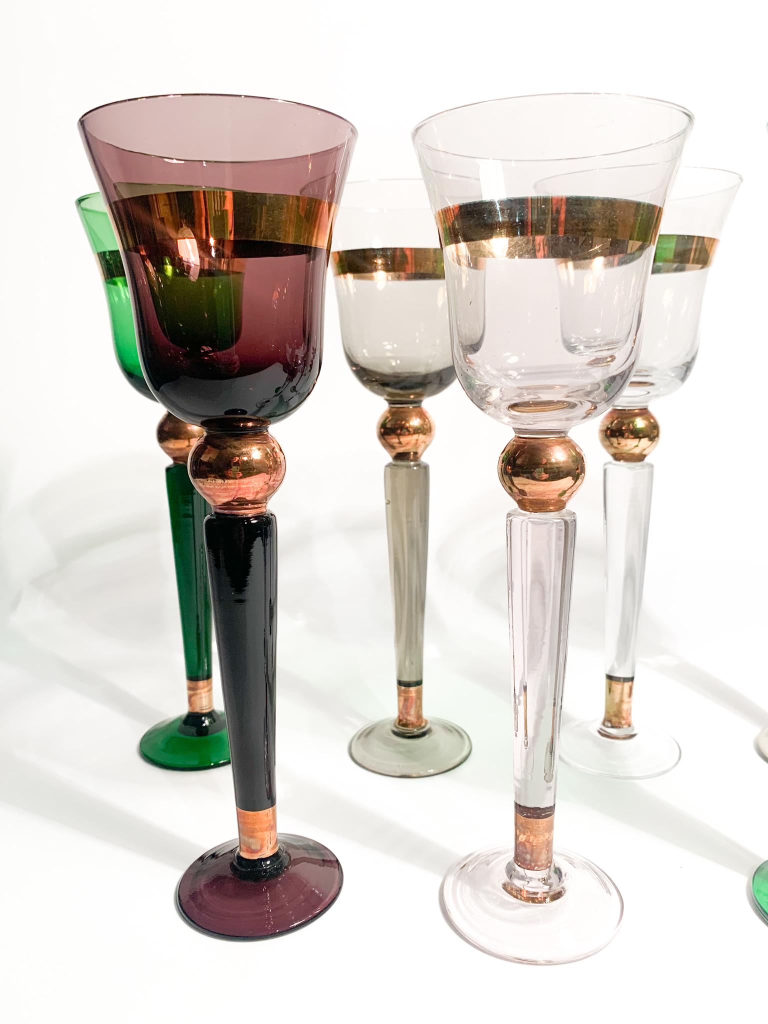 Italian Set of 6 Venini Multicolored Murano Glass Goblets from the 1950s For Sale