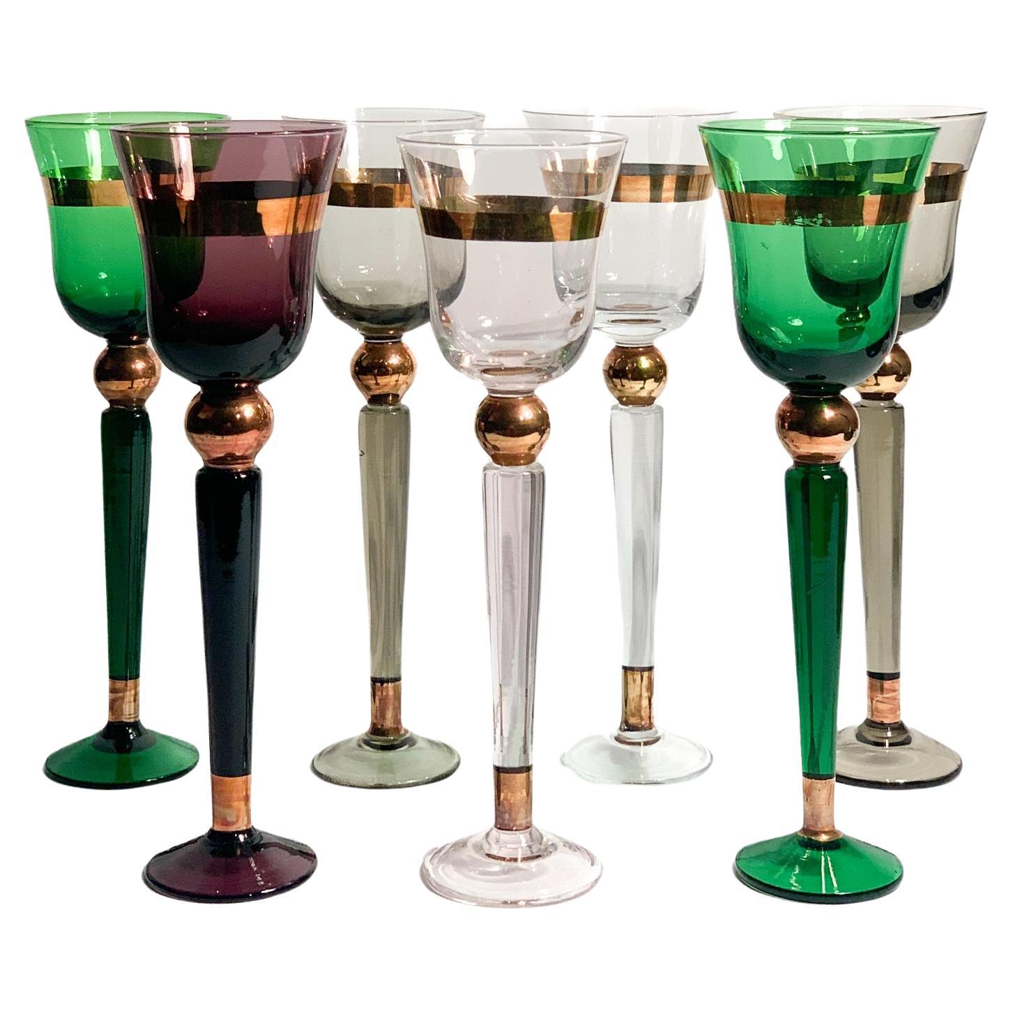 Set of 6 Venini Multicolored Murano Glass Goblets from the 1950s For Sale