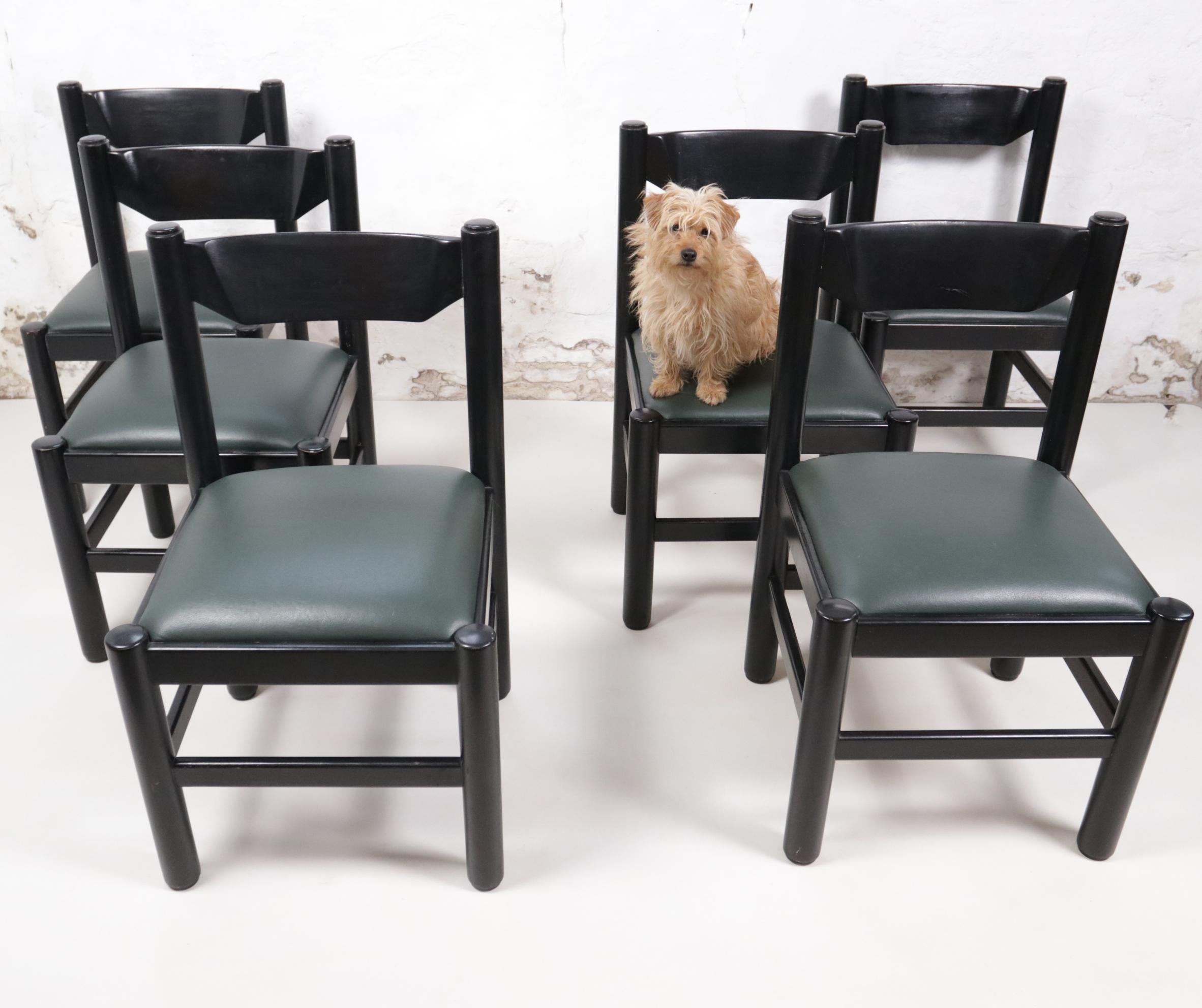 Leather Set of 6 Vico Magistretti / Charlotte Perriand Style Rush Dining Room Chairs