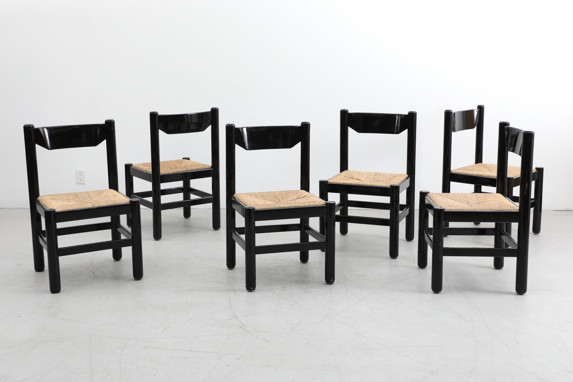 Mid-Century Modern Set of 6 Vico Magistretti Style Black Lacquered Chairs with Rush Seating