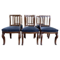 Set of 6 Victorian Gothic Revival chairs velvet and brass XIXth century