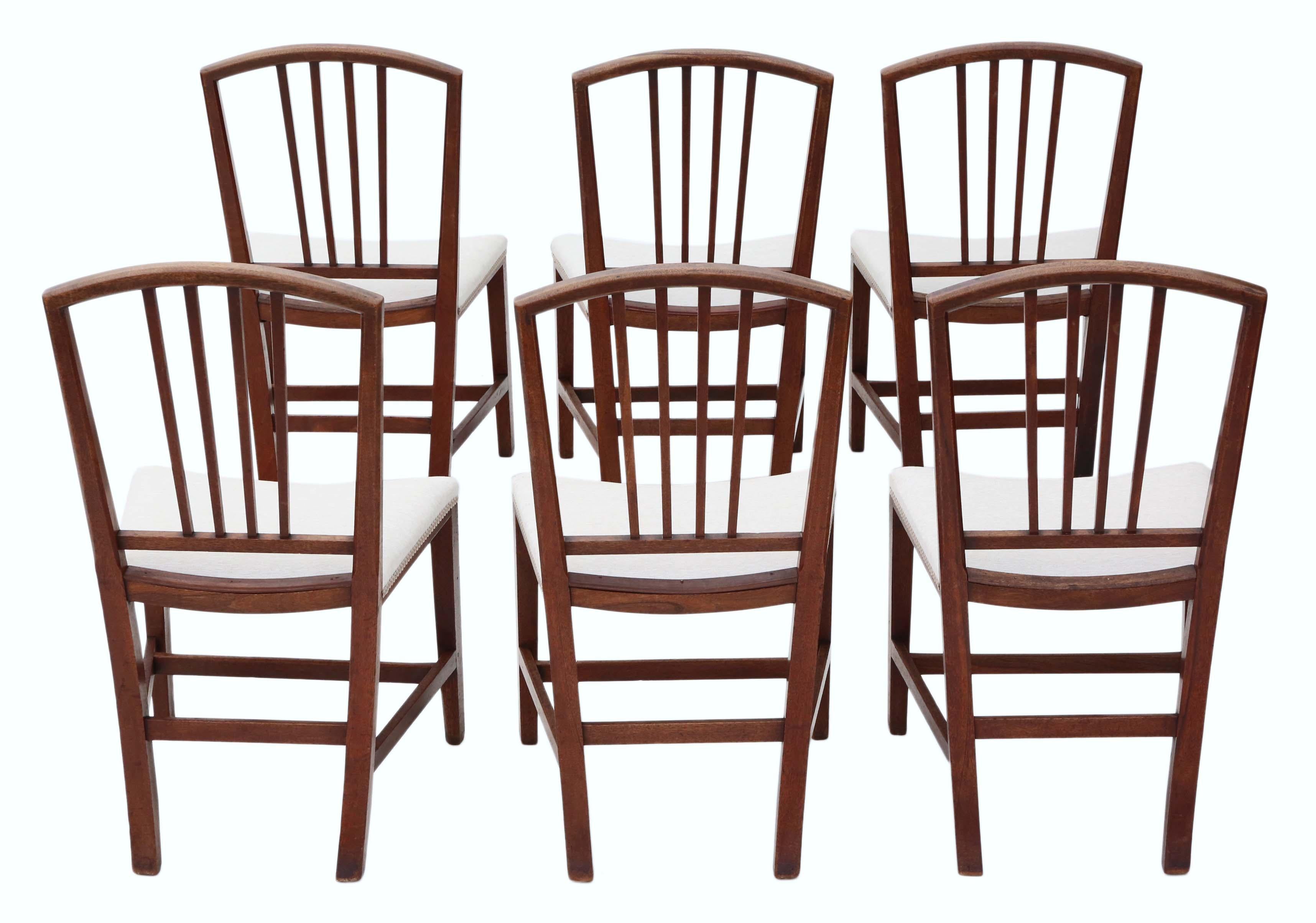 Set of 6 Victorian circa 1900 mahogany Georgian revival dining chairs.
No loose joints. Full of age, character and charm. Simple, clean design.
Good new upholstery in a heavy weight cotton fabric, with a natural, light oatmeal color.
Would look