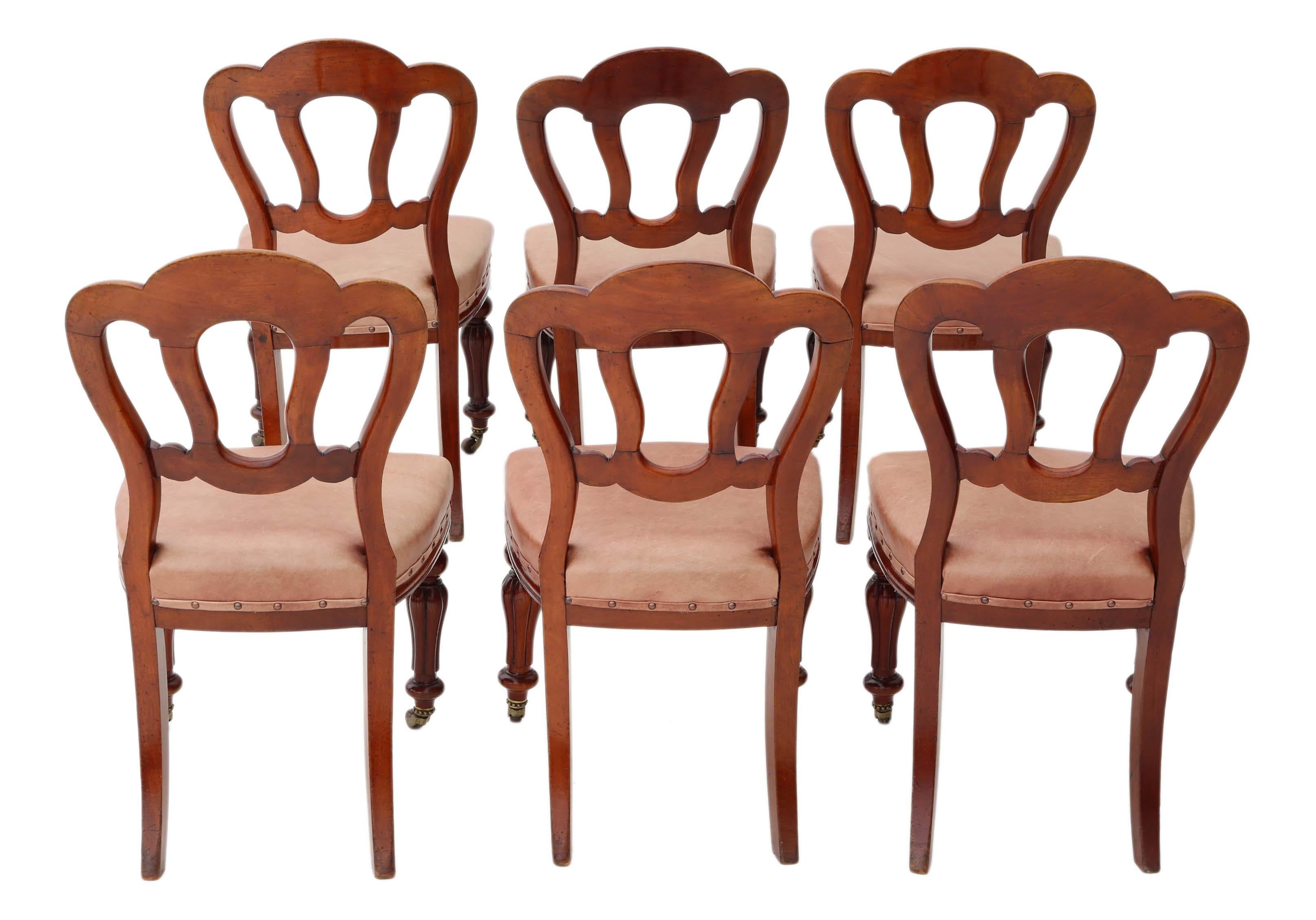 Antique set of 6 Victorian circa 1870 mahogany dining chairs.
Recently restored, solid and strong, with no loose joints and replacement leather upholstery. Brass and ceramic castors to front legs.
Would look great in the right location!
Overall