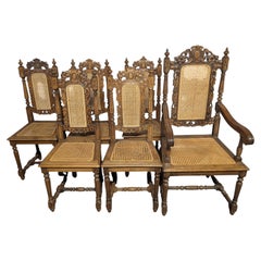Set of 6 Victorian Oak Carved Dining Chairs with Cane Seats, 1880s