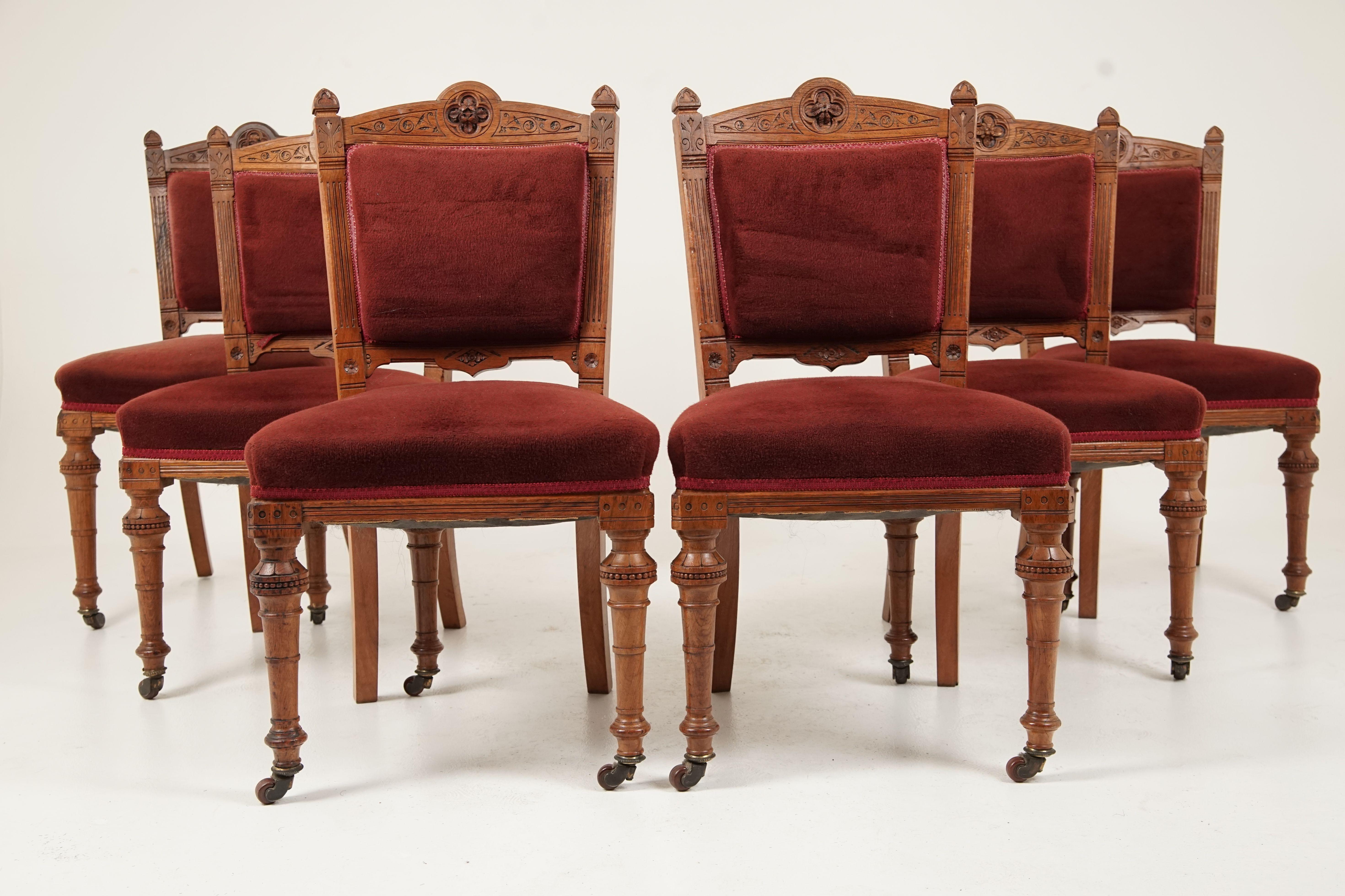 Set of 6 Victorian oak carved upholstered dining chairs, Scotland 1890, B2451

Scotland 1890
Solid oak
Original finish
Beautiful carved top rail with carved supports
Full upholstered back
Upholstered sprung seat
All standing on beautiful