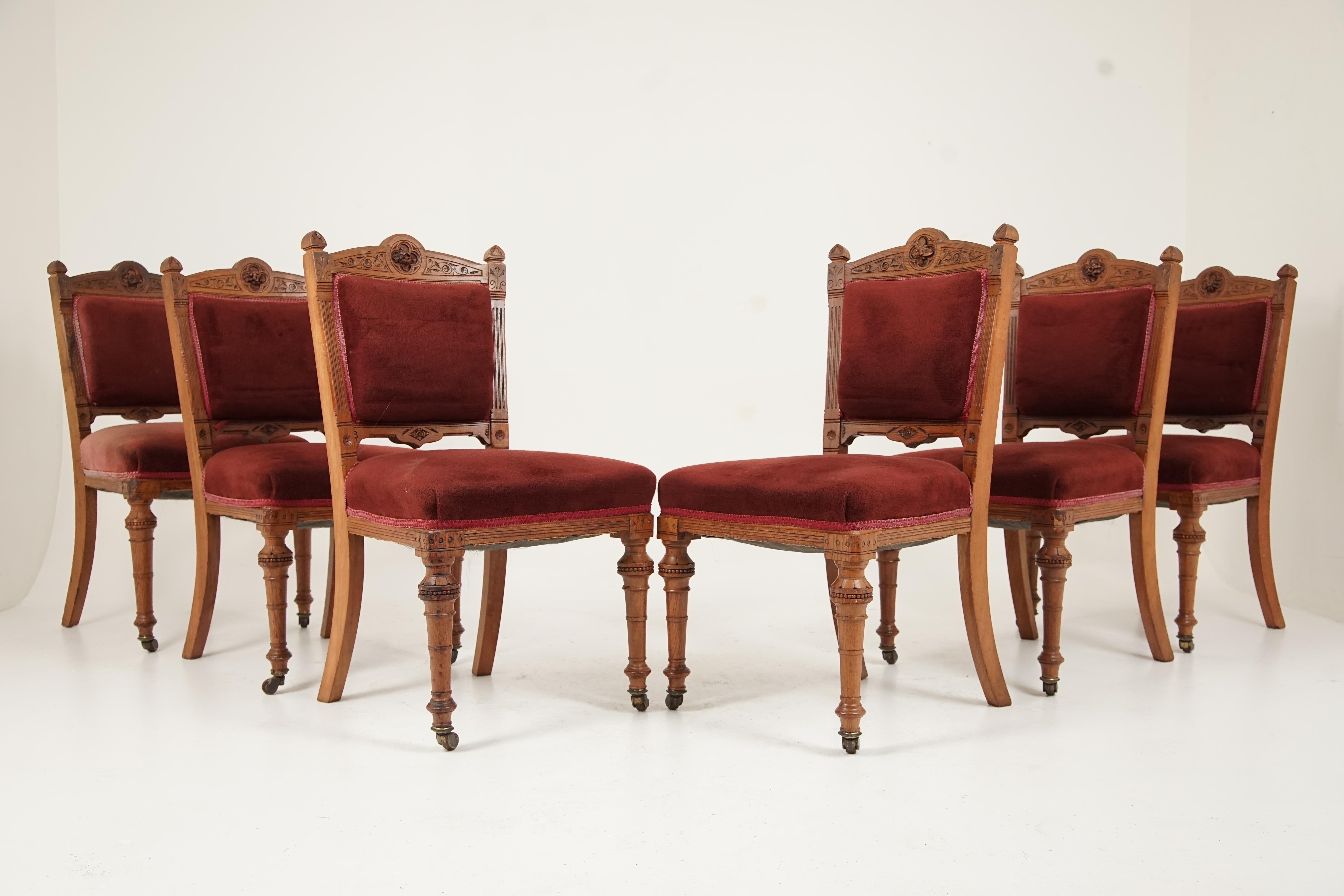 Scottish Set of 6 Victorian Oak Carved Upholstered Dining Chairs, Scotland 1890, B2451