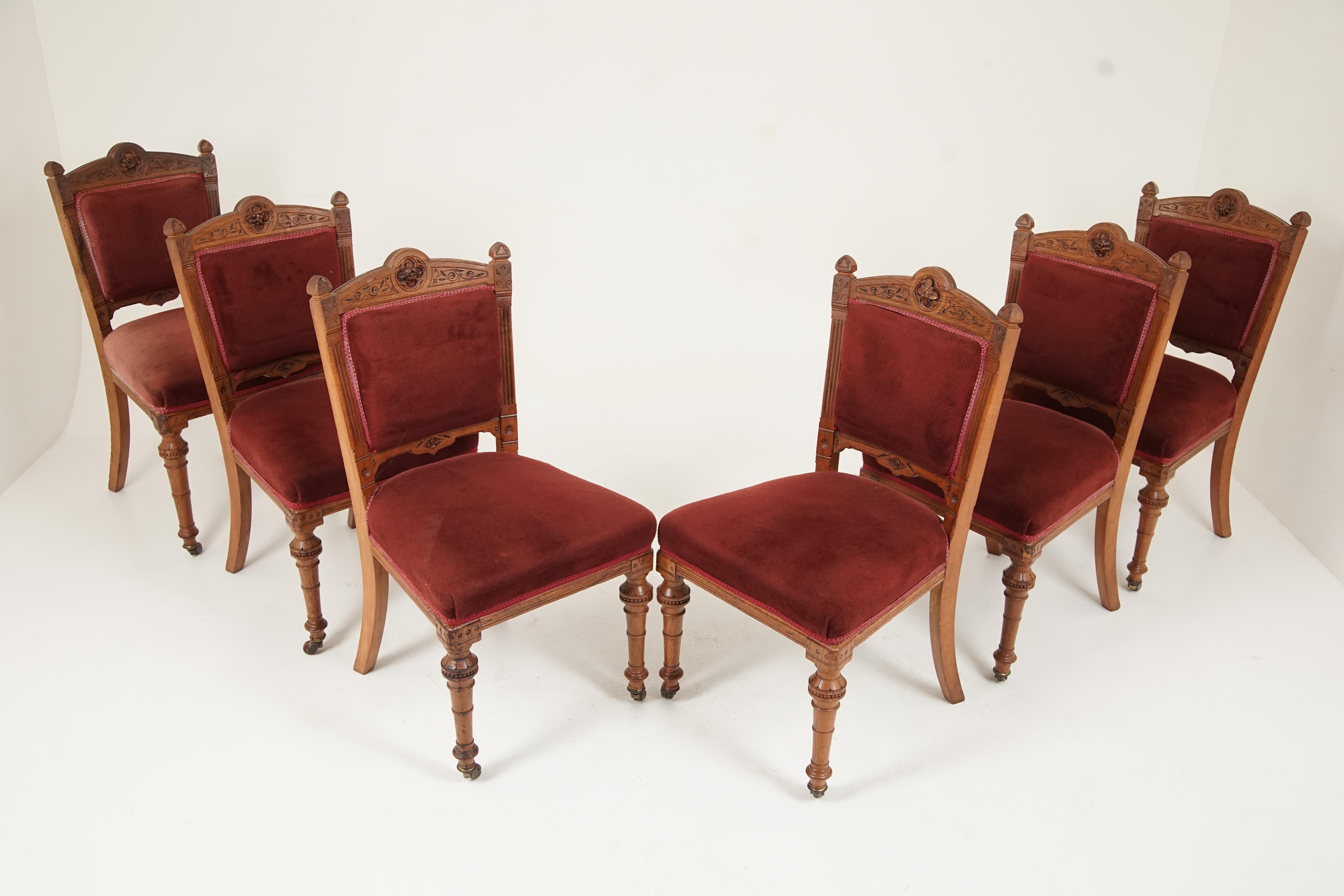 Hand-Crafted Set of 6 Victorian Oak Carved Upholstered Dining Chairs, Scotland 1890, B2451