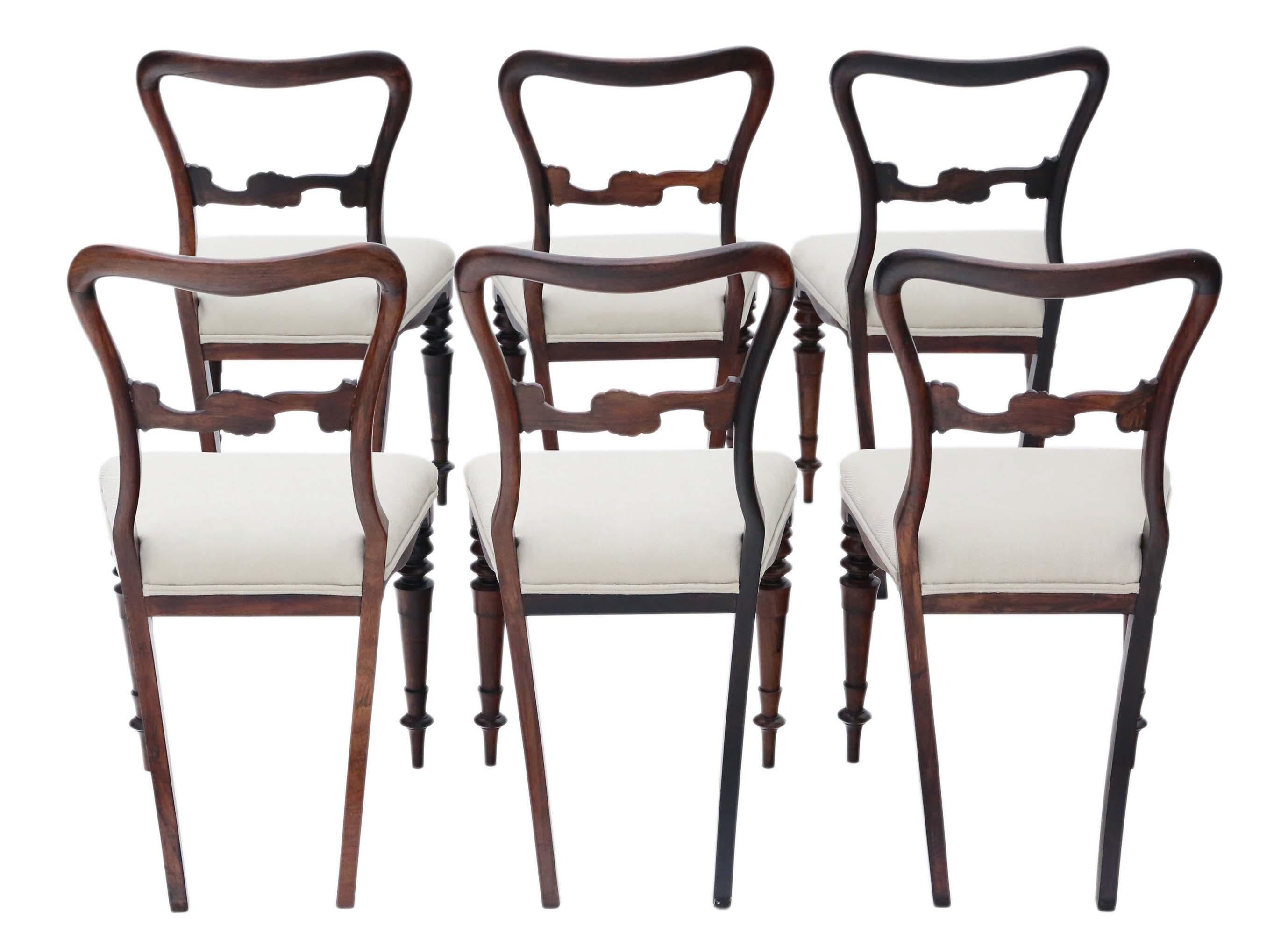 Antique quality set of 6 Victorian rosewood dining chairs circa 1870.
Solid with no loose joints. Lovely elegant design. No woodworm.
New upholstery in a heavy weight fabric.
Overall maximum dimensions:
43cm W x 49cm D x 85cm H (43cmH seat when