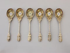 Set of 6 Victorian Silver Gilt and Multicolored Enamel Teaspoons, 1890