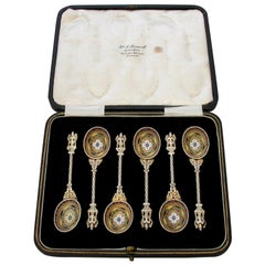 Antique Set of 6 Victorian Silver Gilt and Multicolored Enamel Teaspoons, 1890