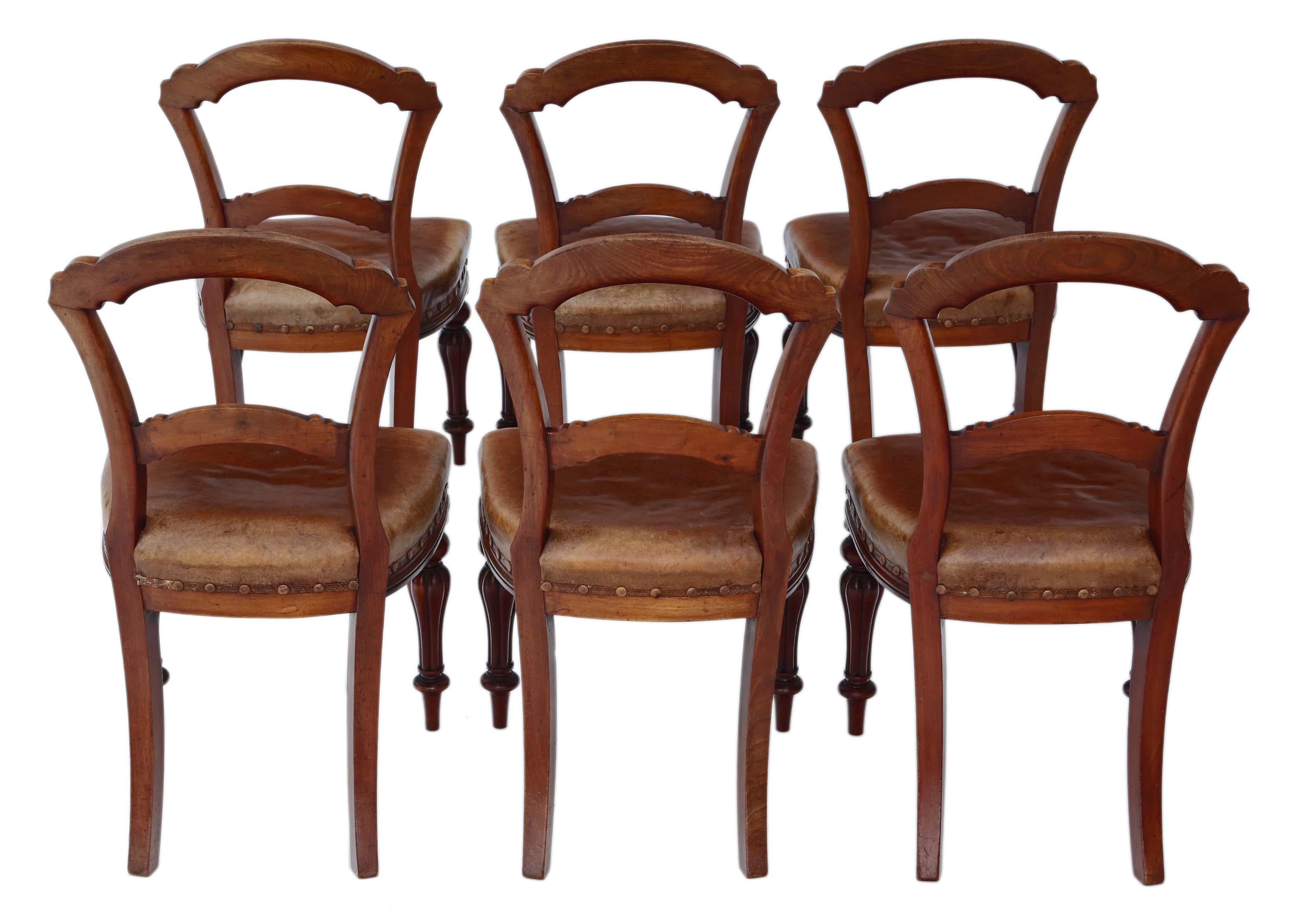 Set of 6 Victorian circa 1880 walnut balloon back dining chairs with leather seats.
Solid, heavy and strong, with no loose joints and no woodworm.
The leather upholstery is old and patinated, but in good order (some minor trim losses).
Would look