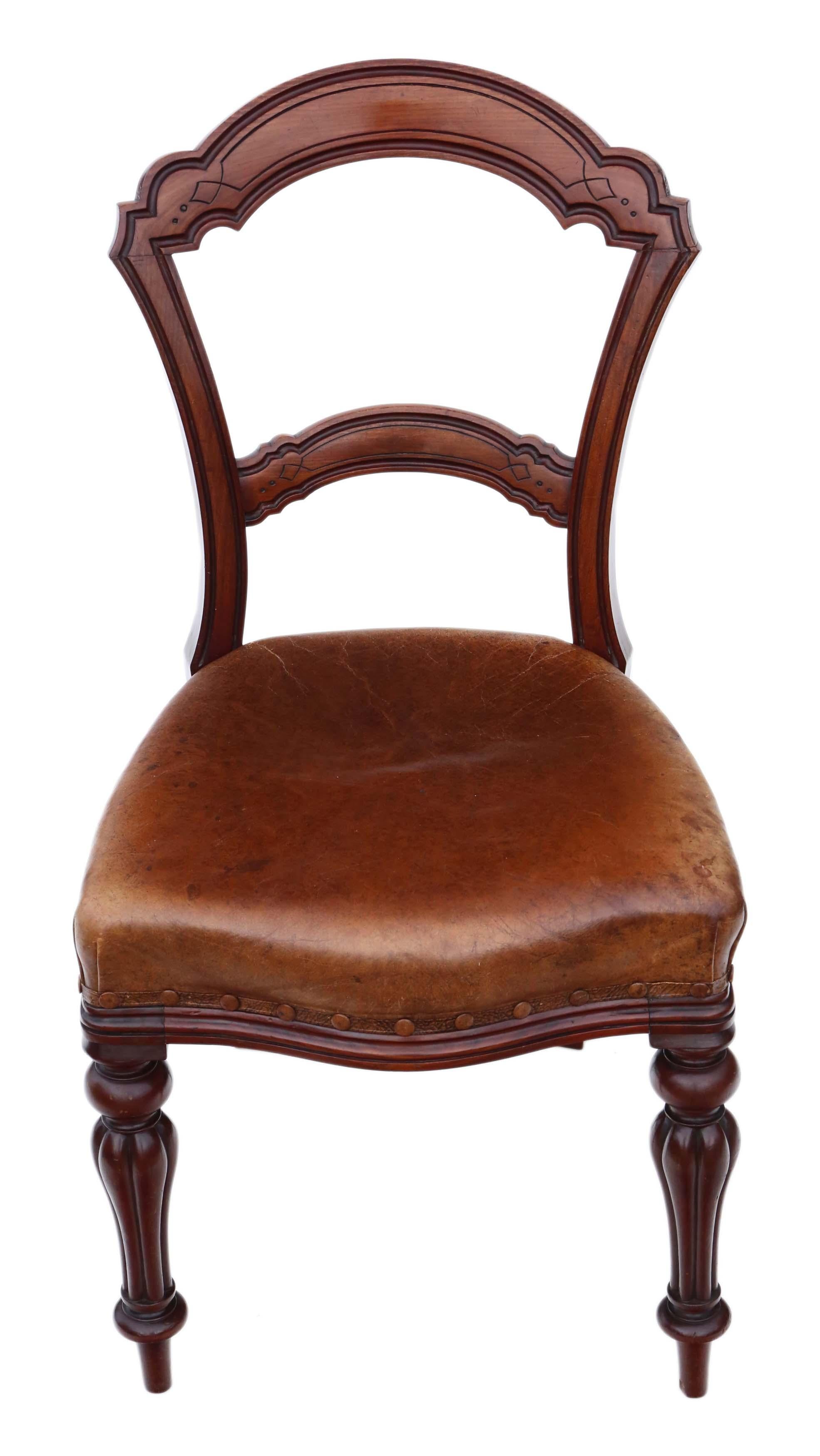 Late 19th Century Set of 6 Victorian Walnut Leather Balloon Back Dining Chairs
