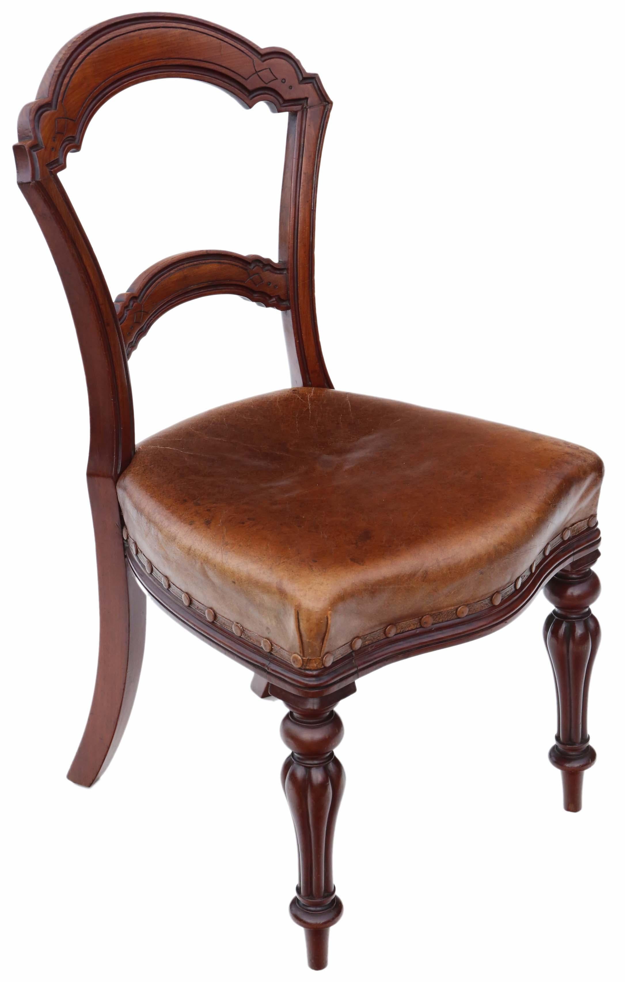 Set of 6 Victorian Walnut Leather Balloon Back Dining Chairs 1