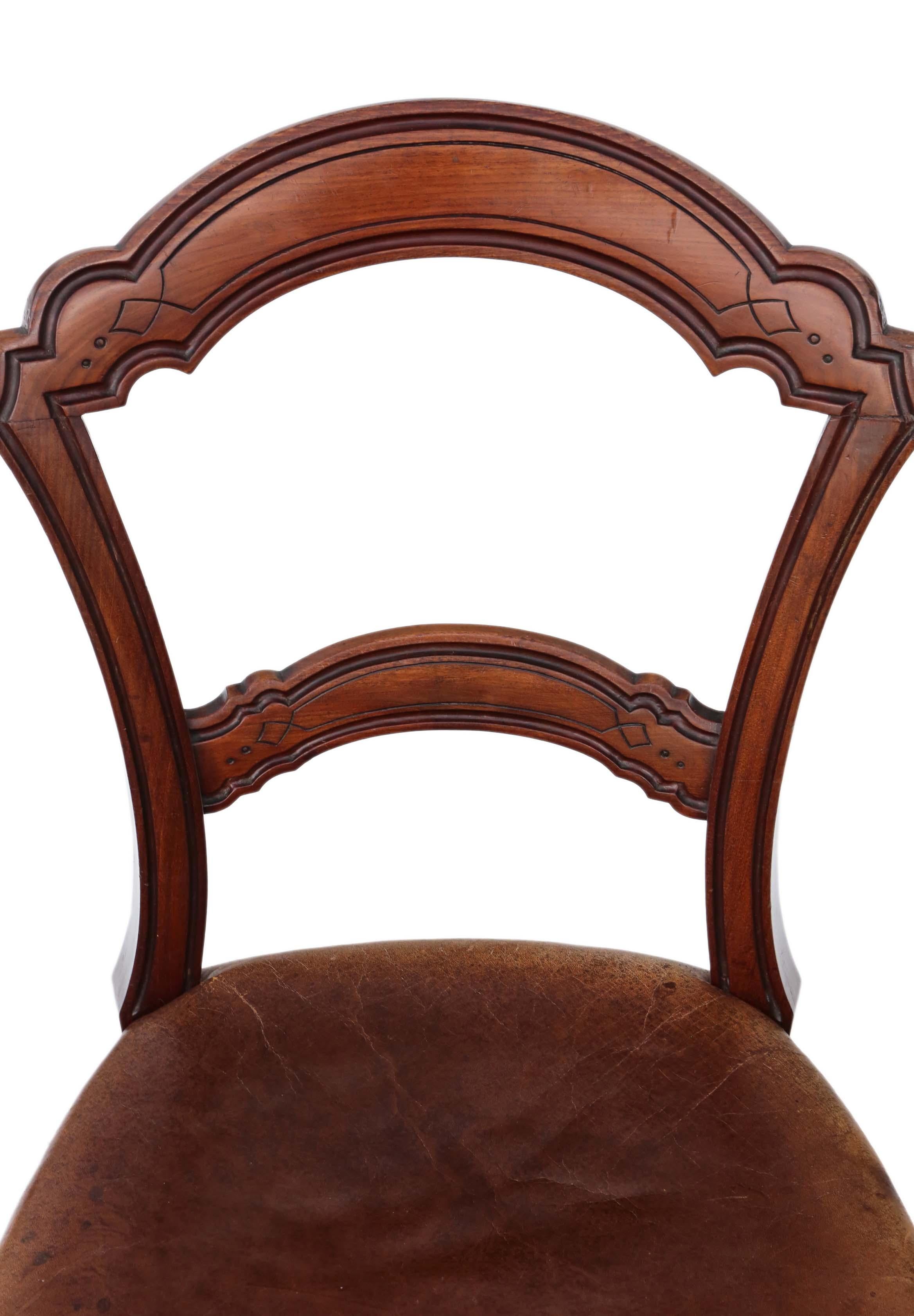 Set of 6 Victorian Walnut Leather Balloon Back Dining Chairs 3