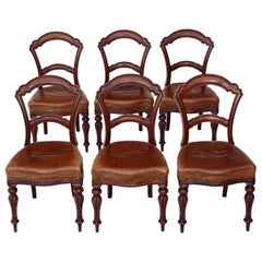 Set of 6 Victorian Walnut Leather Balloon Back Dining Chairs