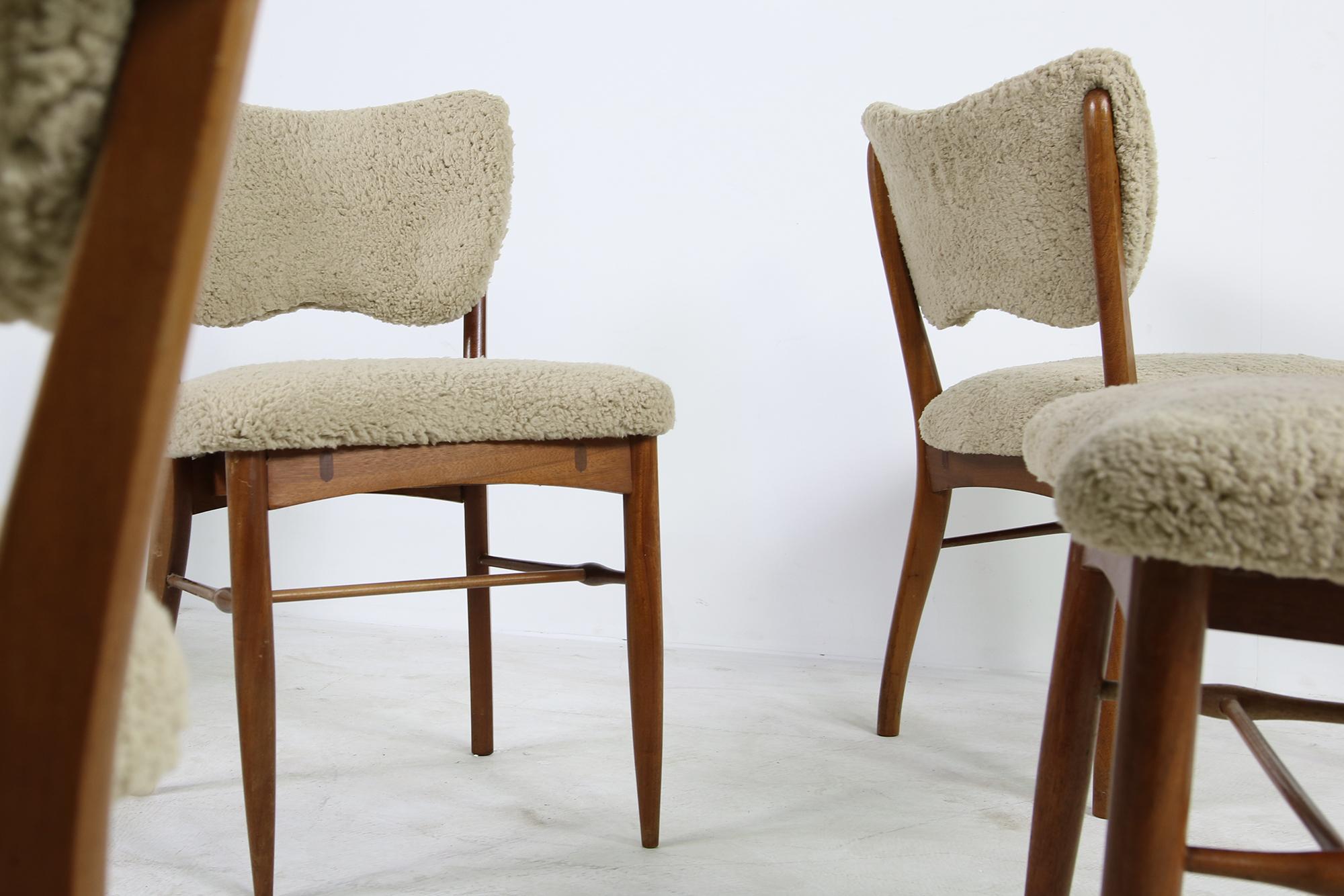 Mid-Century Modern Set of 6 Vintage 1950s Dining Room Chairs Teak, Beechwood Teddy Fur Mid Century