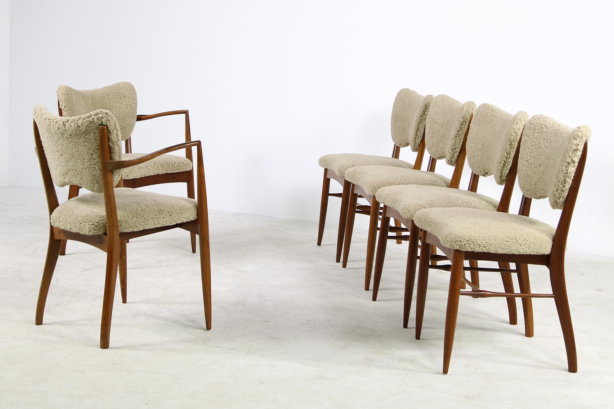 Danish Set of 6 Vintage 1950s Dining Room Chairs Teak, Beechwood Teddy Fur Mid Century