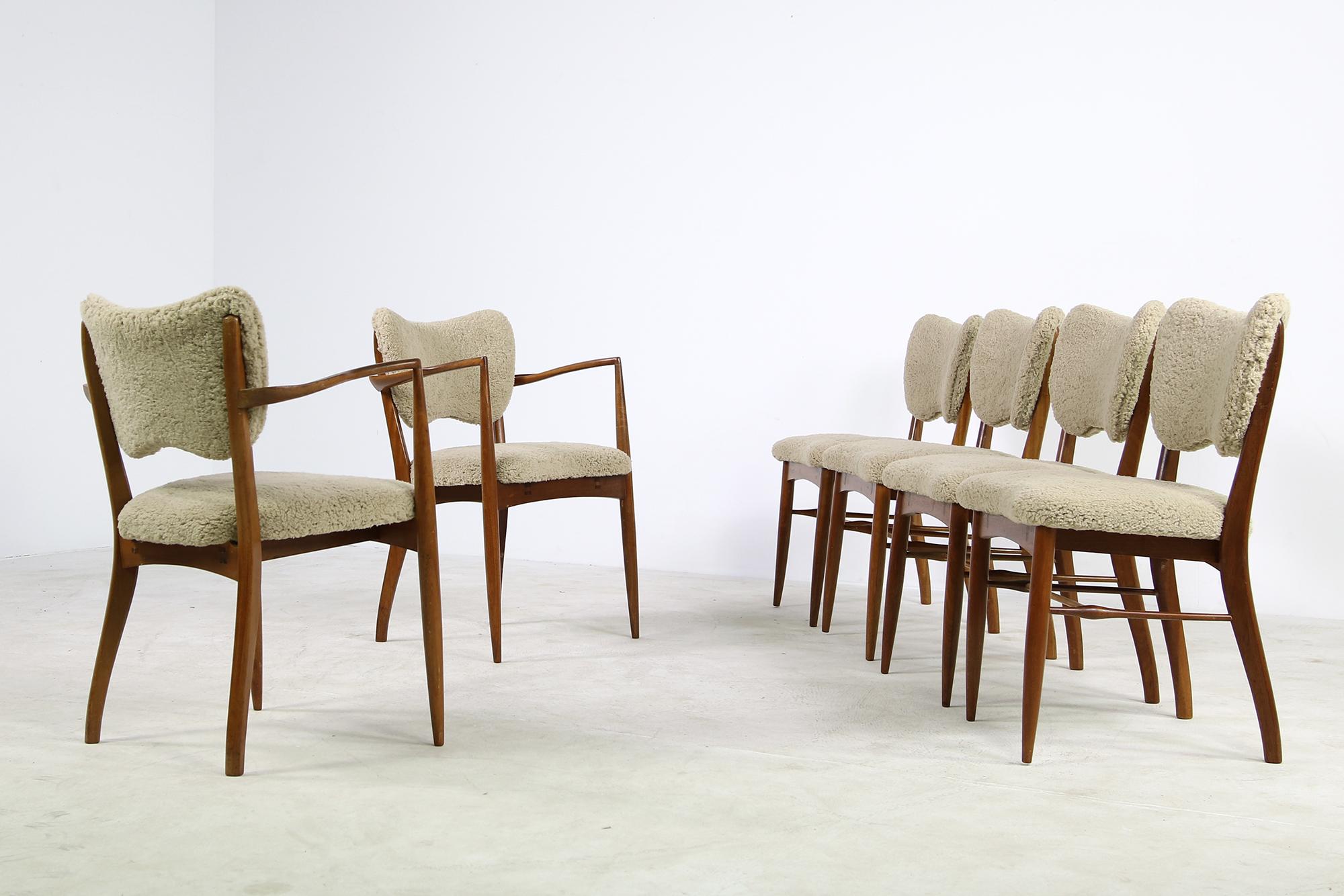 Set of 6 Vintage 1950s Dining Room Chairs Teak, Beechwood Teddy Fur Mid Century 2