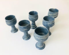 Set of 6 Vintage 1970s Blue Swirl Studio Pottery Goblets