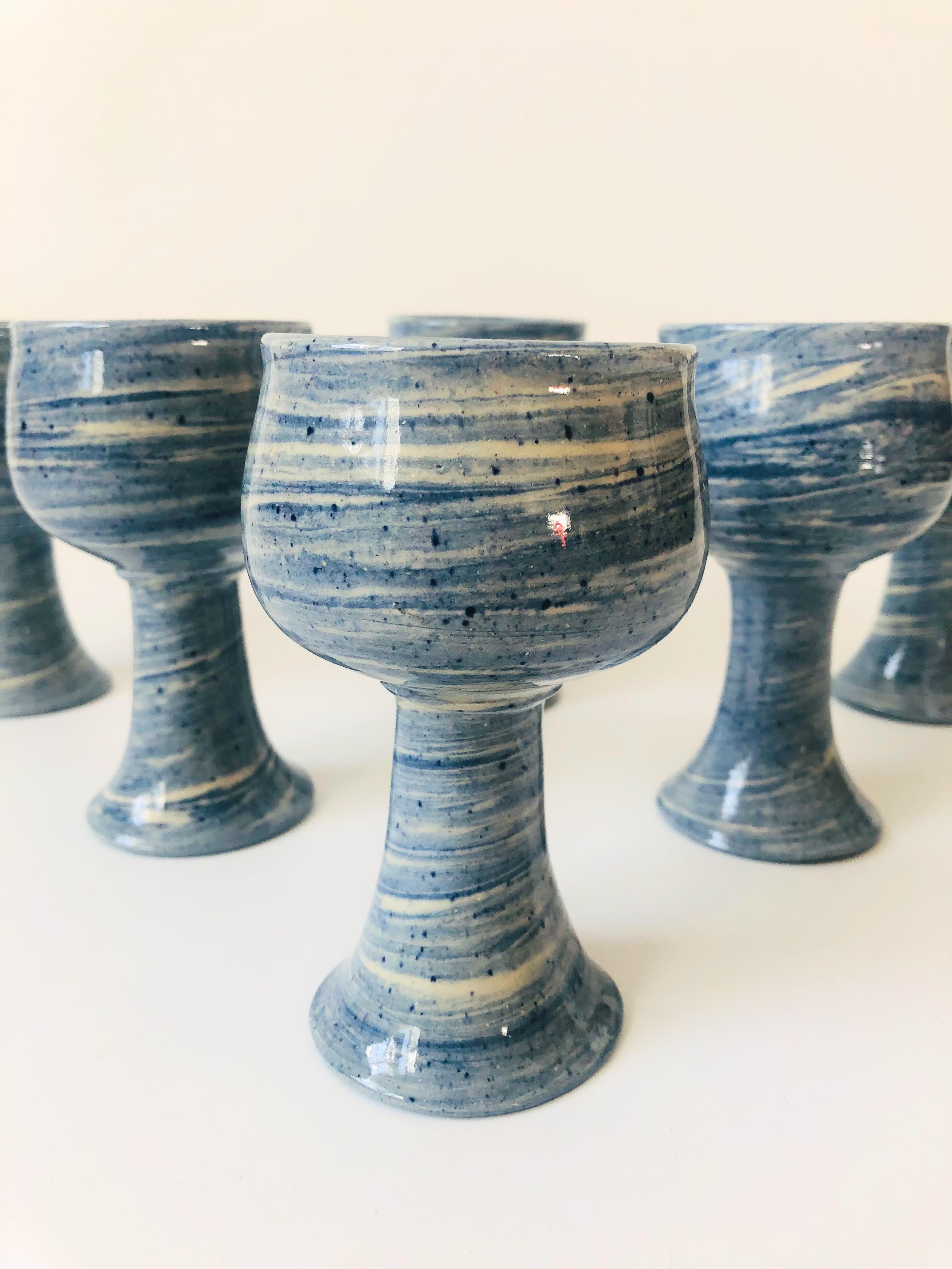 Organic Modern Set of 6 Vintage 1970s Blue Swirl Studio Pottery Goblets