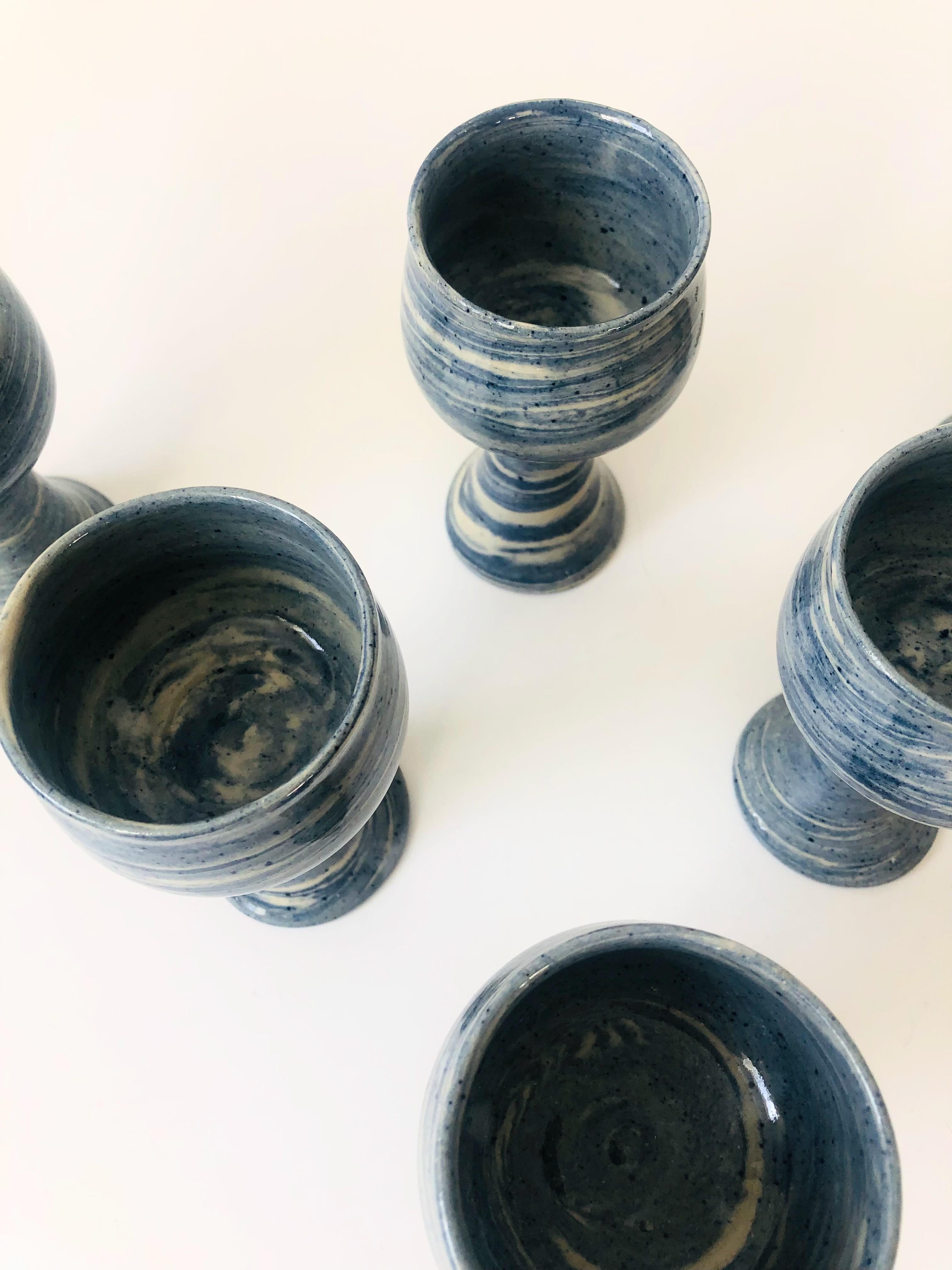 Set of 6 Vintage 1970s Blue Swirl Studio Pottery Goblets In Good Condition In Vallejo, CA