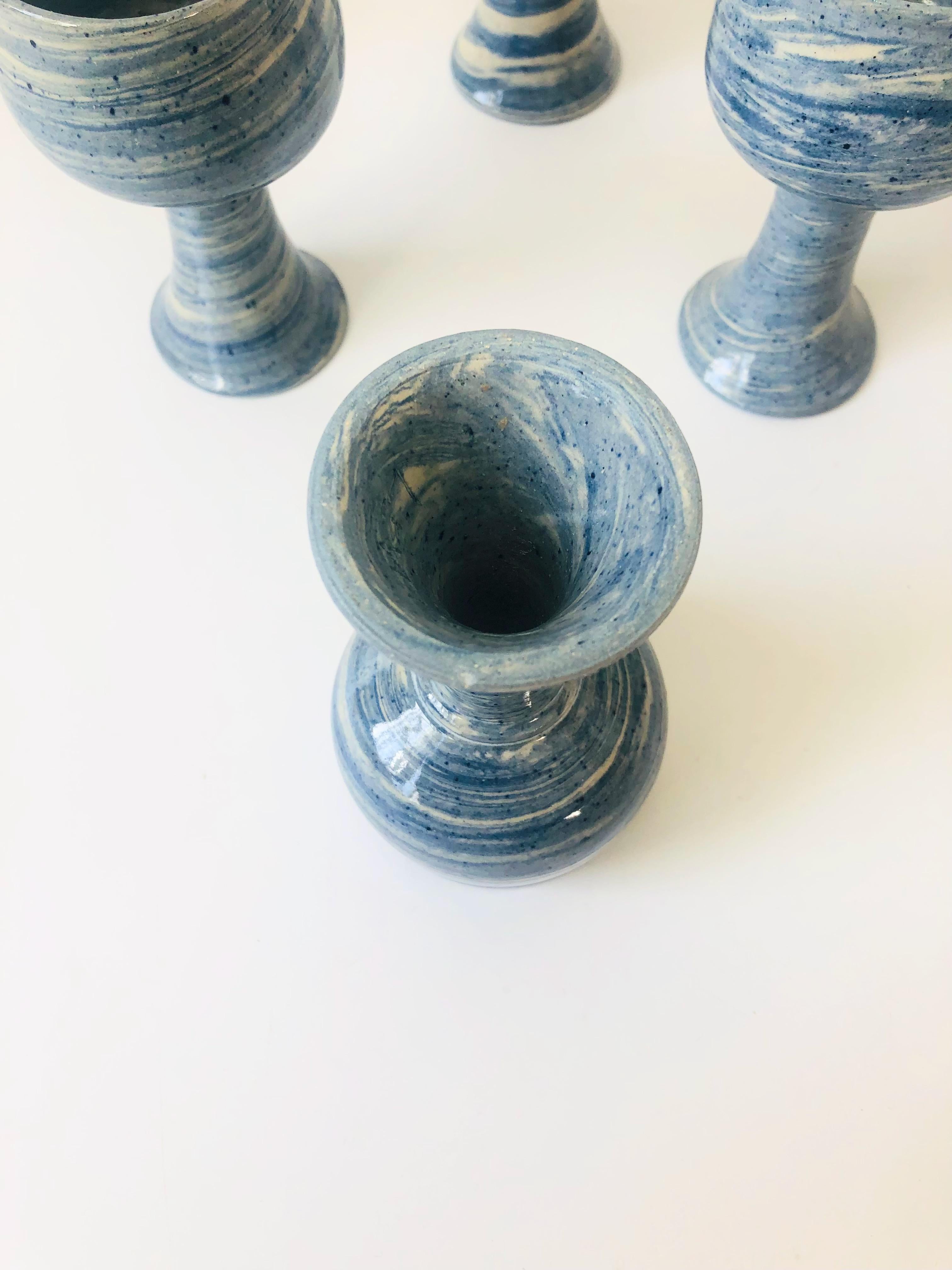 20th Century Set of 6 Vintage 1970s Blue Swirl Studio Pottery Goblets