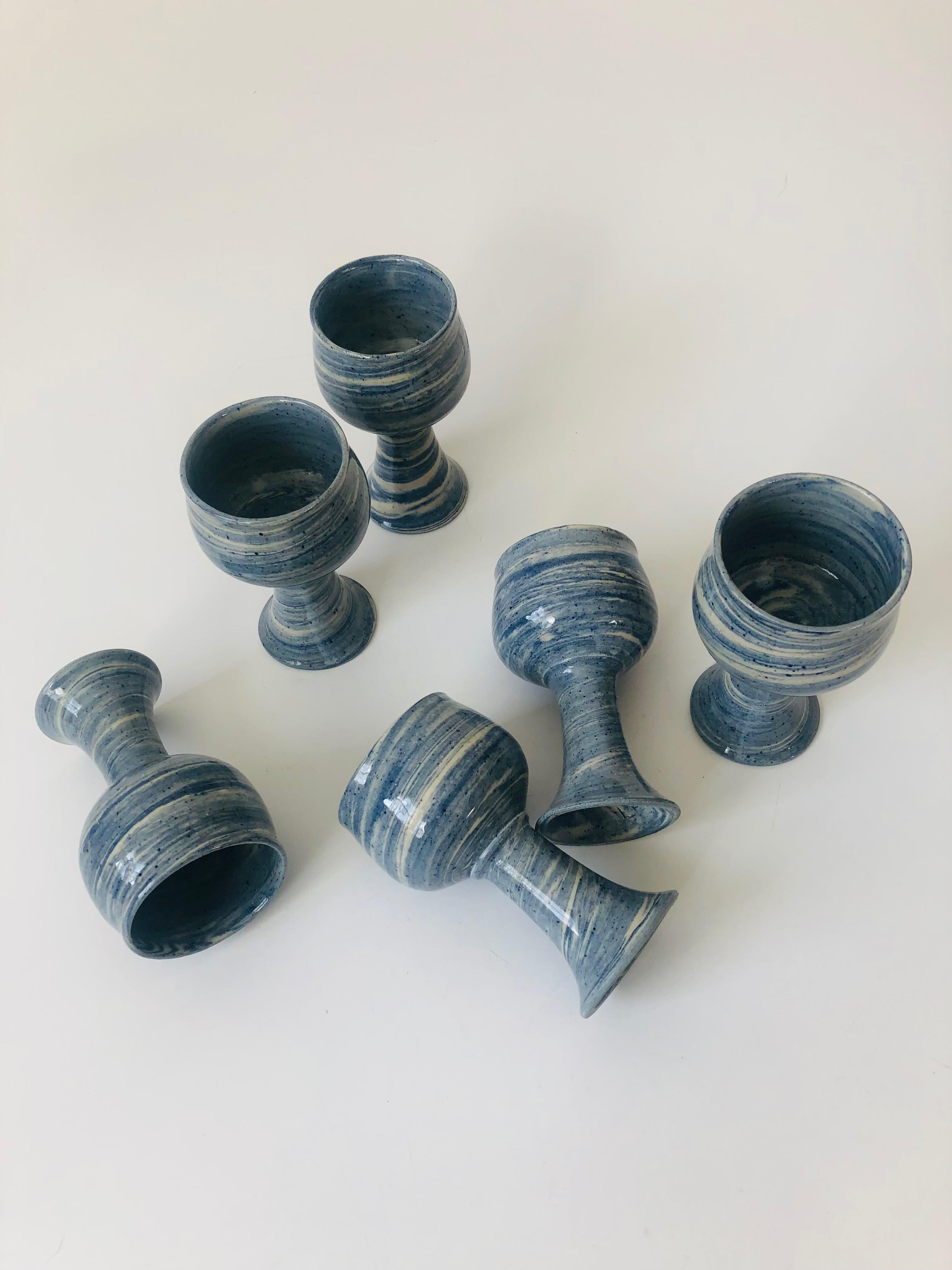 Set of 6 Vintage 1970s Blue Swirl Studio Pottery Goblets 2