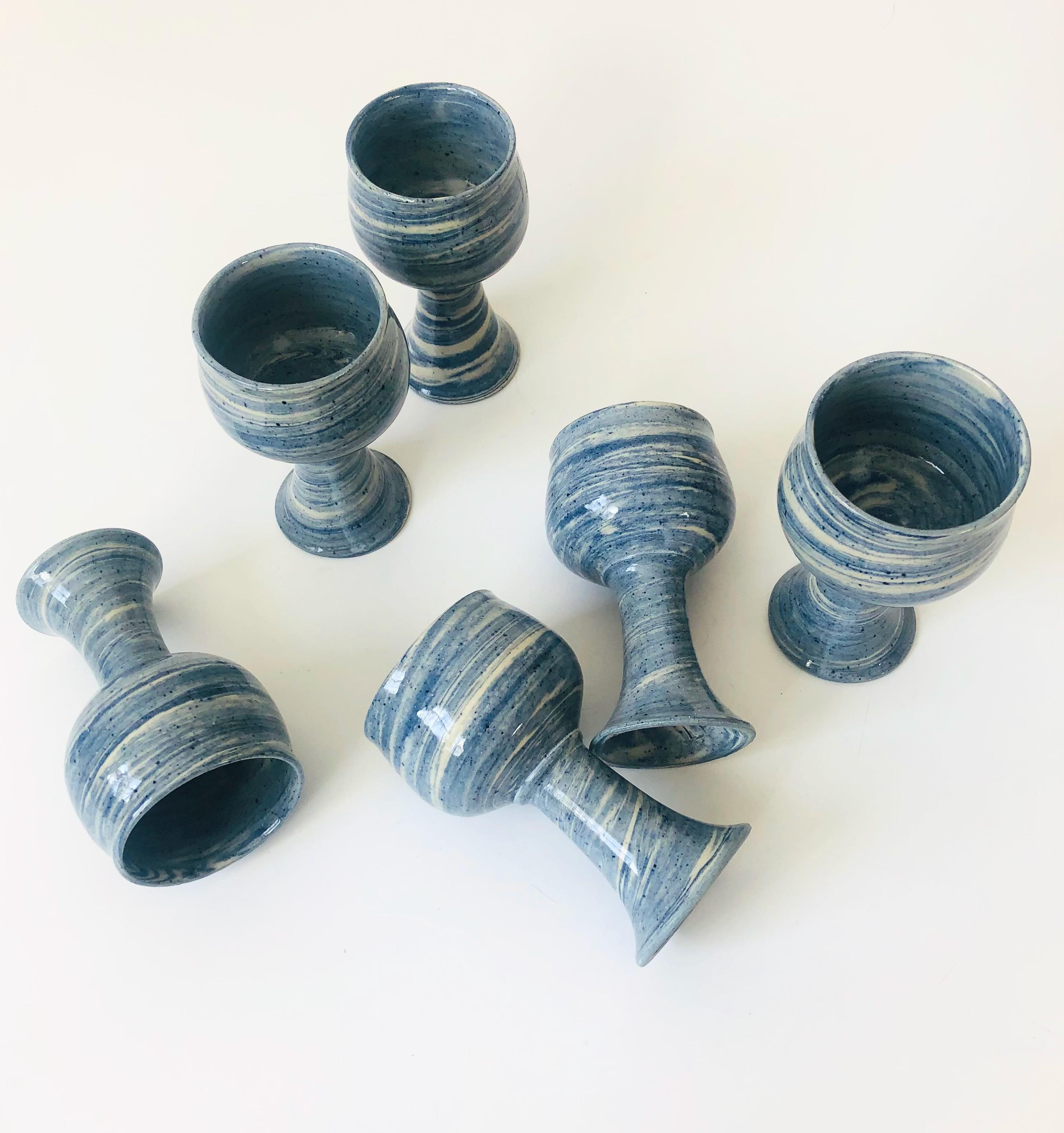 Set of 6 Vintage 1970s Blue Swirl Studio Pottery Goblets 3