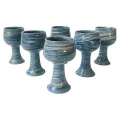 Set of 6 Retro 1970s Blue Swirl Studio Pottery Goblets