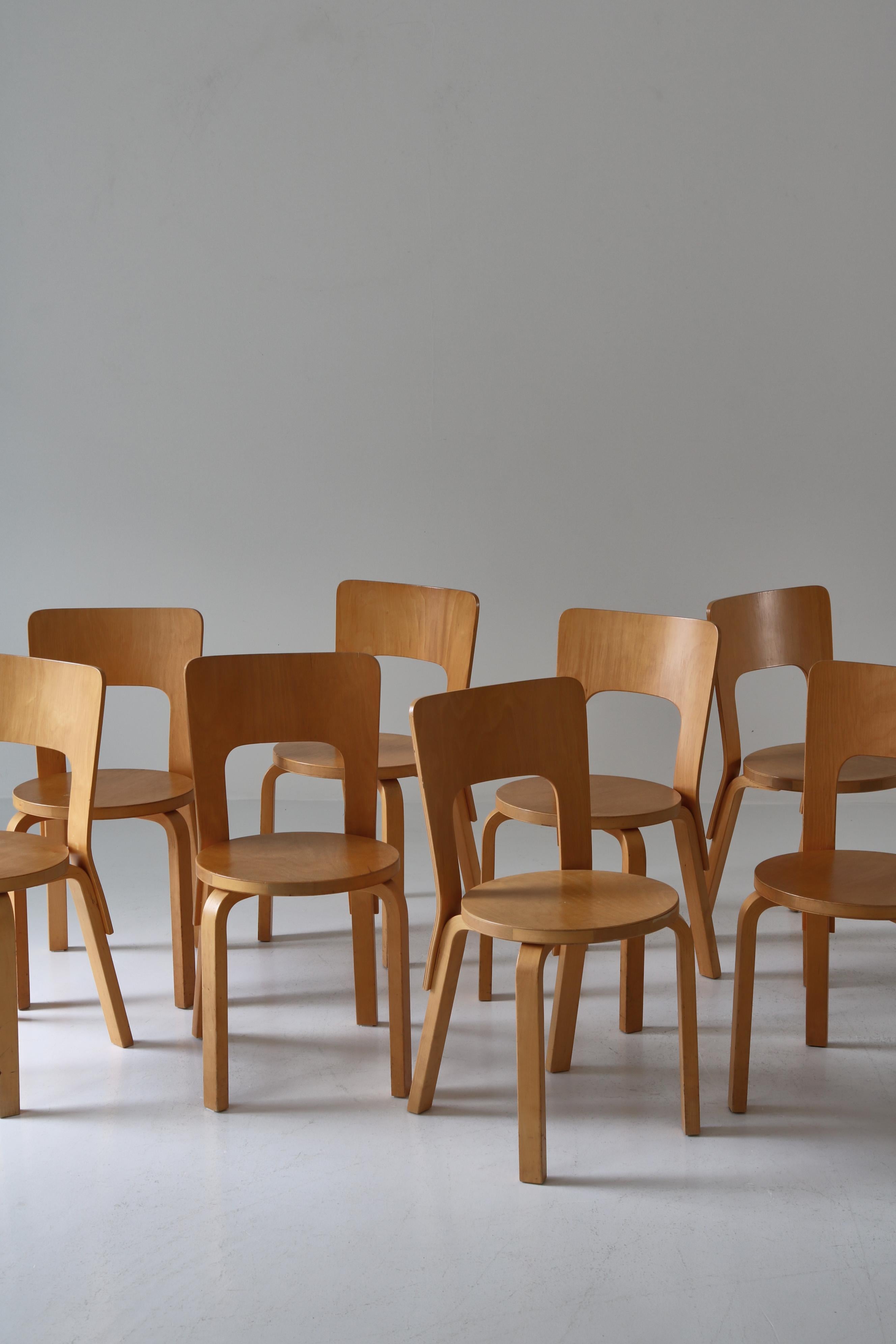 Set of 6 Vintage Alvar Aalto Model 66 Chairs by Artek in Laminated Birch, 1970s 4