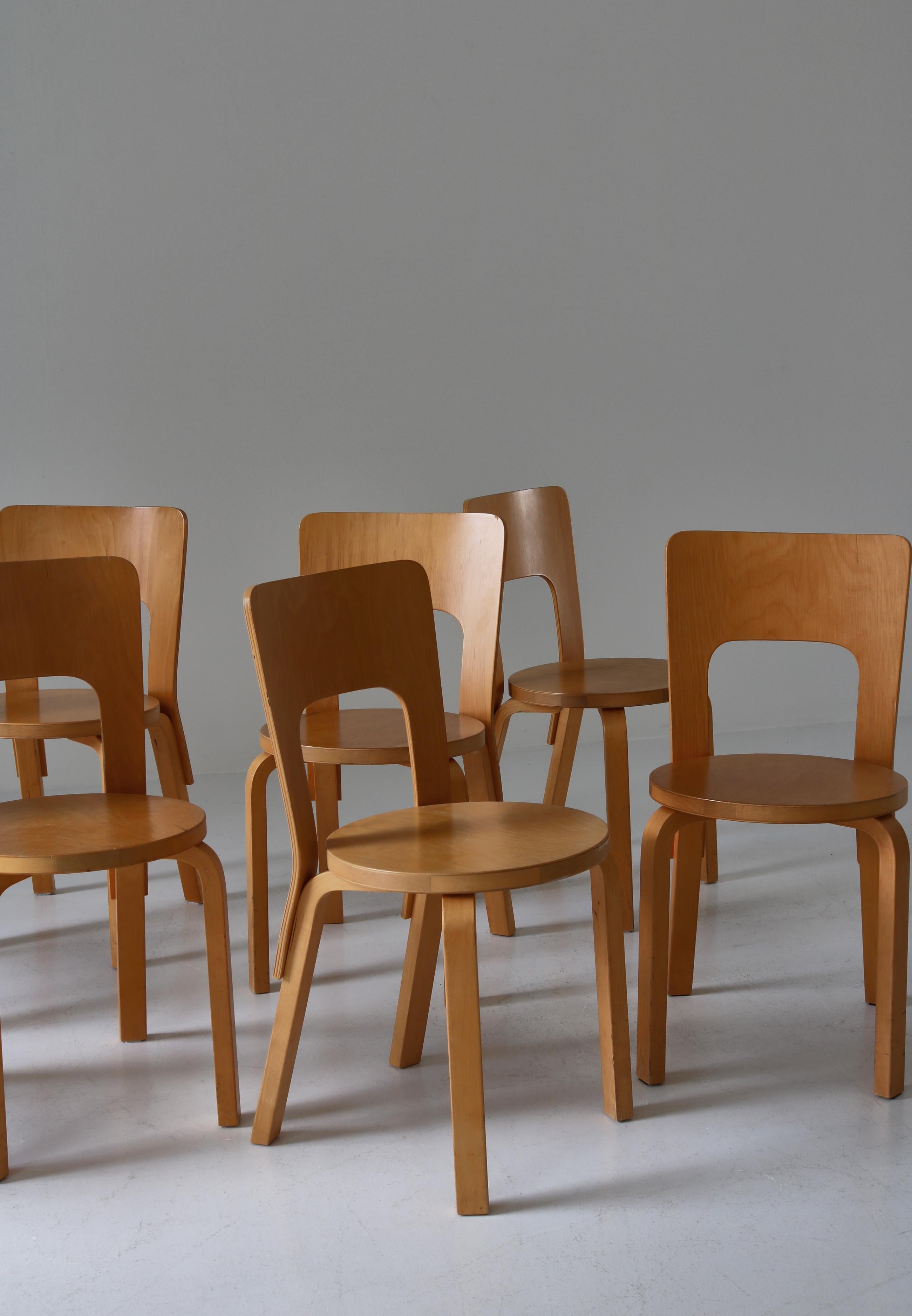 Set of 6 Vintage Alvar Aalto Model 66 Chairs by Artek in Laminated Birch, 1970s 7