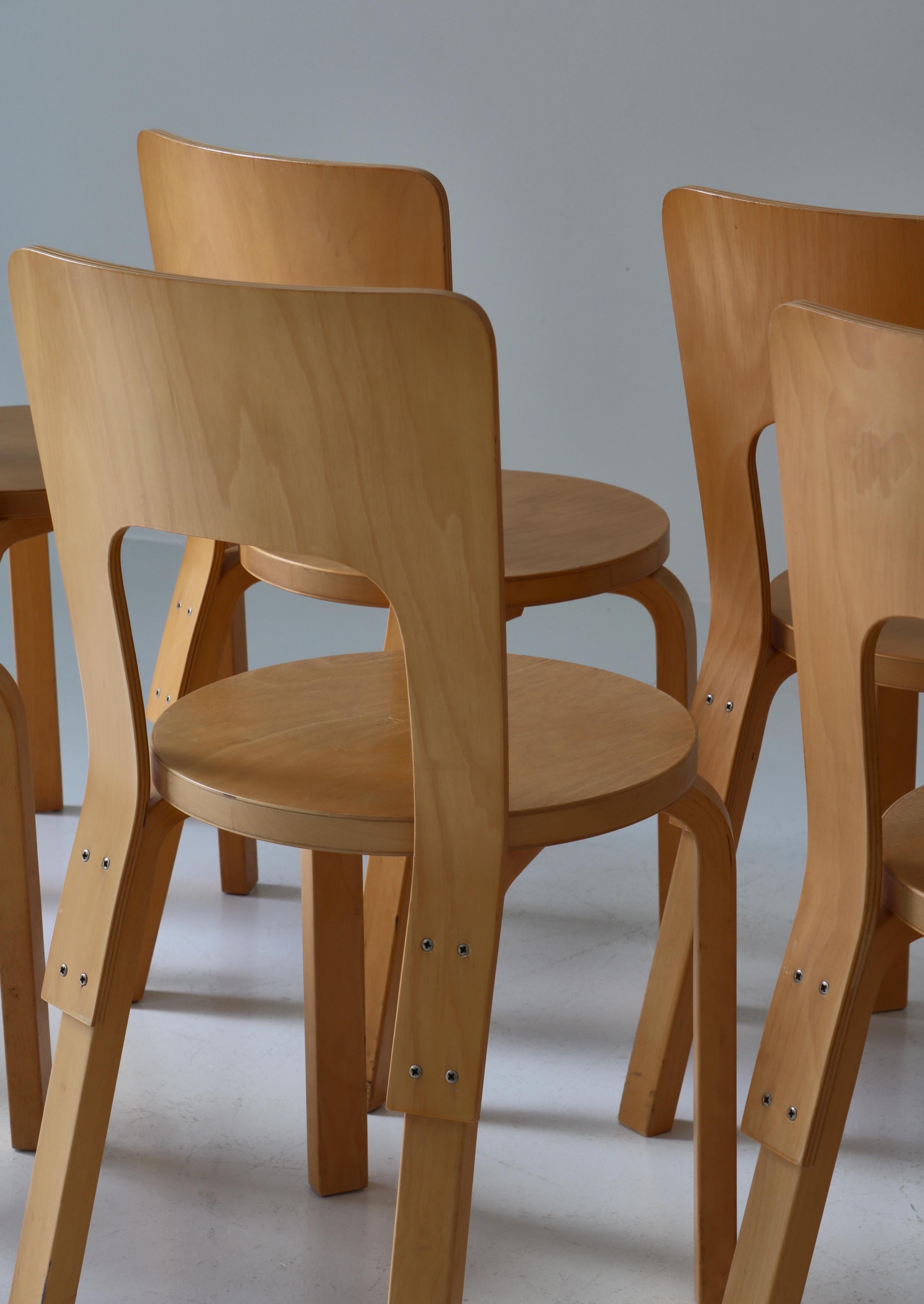 Set of 6 Vintage Alvar Aalto Model 66 Chairs by Artek in Laminated Birch, 1970s 10