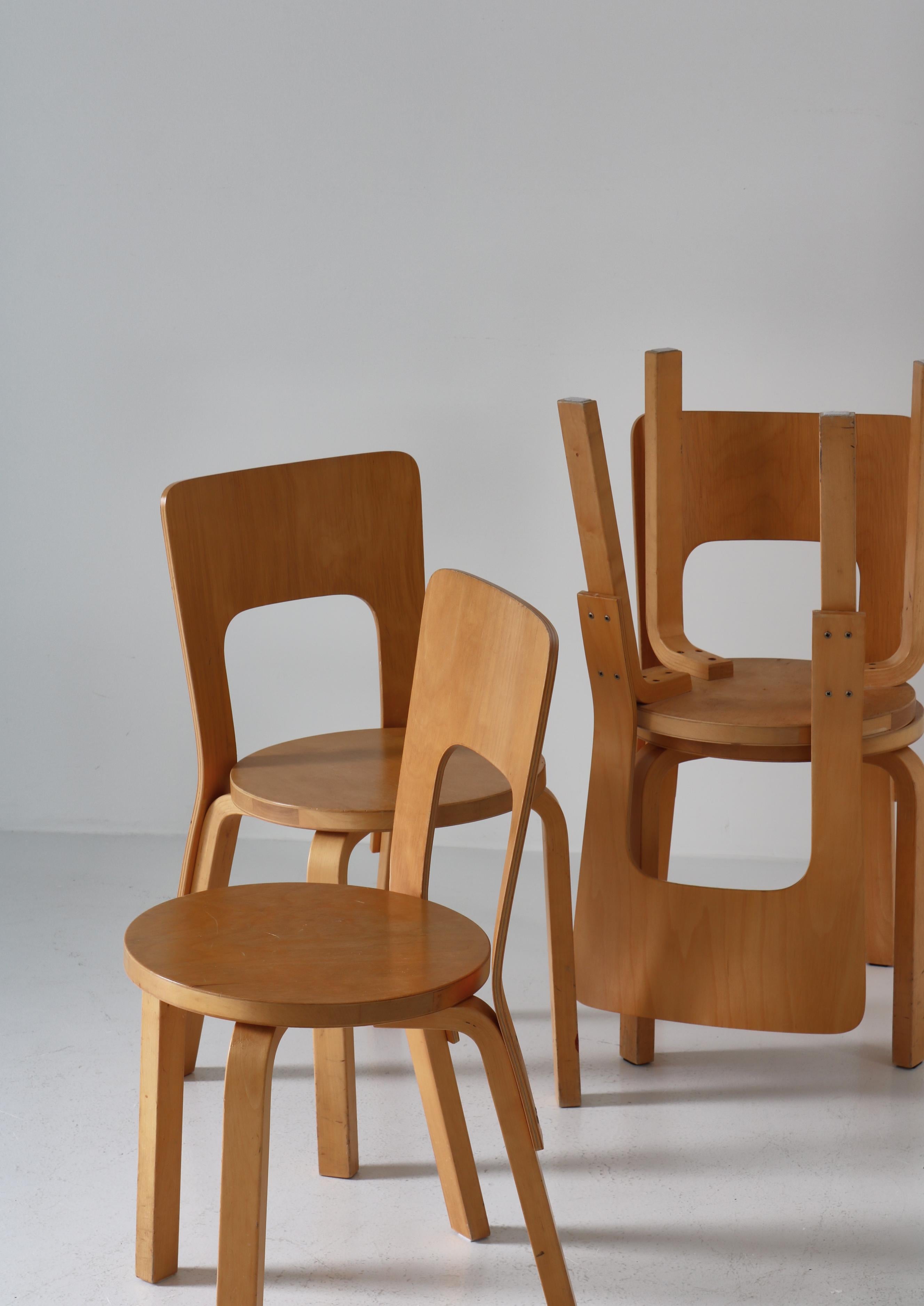 Set of 6 Vintage Alvar Aalto Model 66 Chairs by Artek in Laminated Birch, 1970s 11