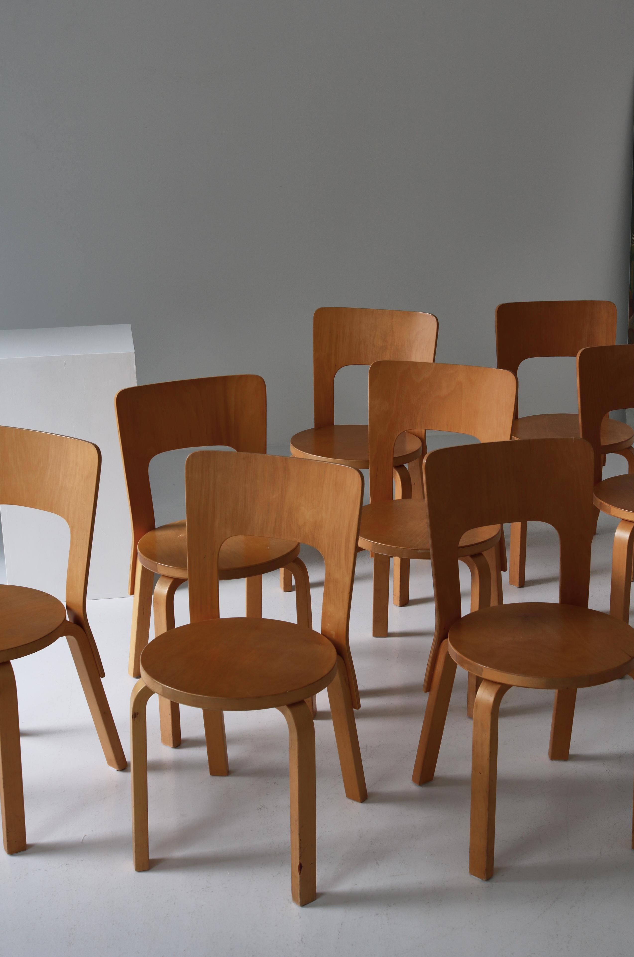Late 20th Century Set of 6 Vintage Alvar Aalto Model 66 Chairs by Artek in Laminated Birch, 1970s