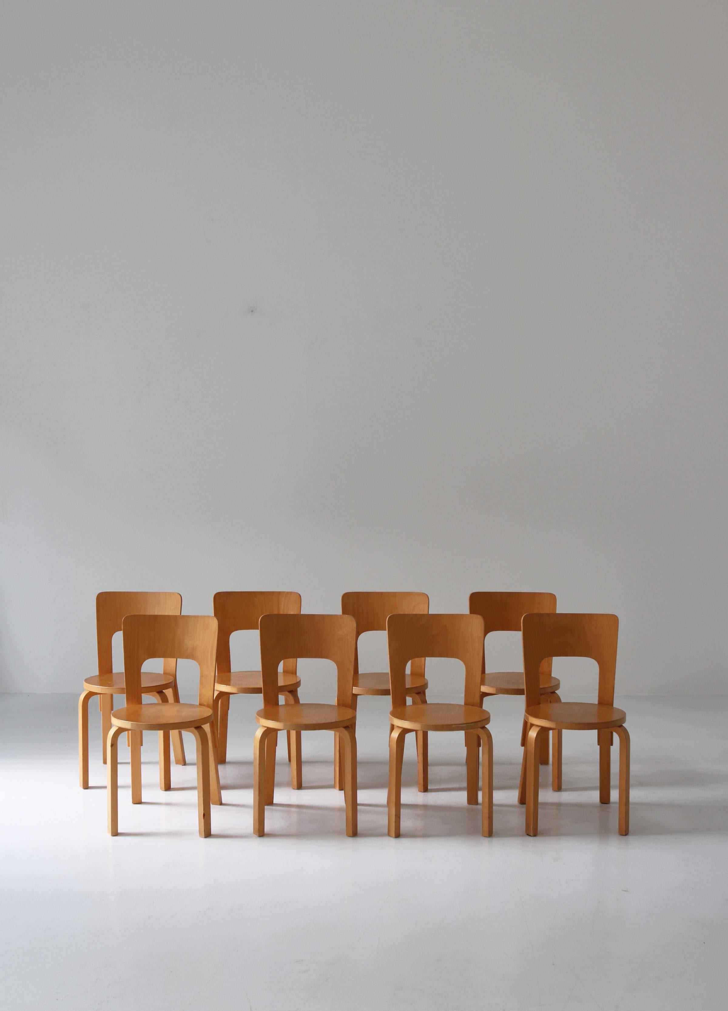 Set of 6 Vintage Alvar Aalto Model 66 Chairs by Artek in Laminated Birch, 1970s 1