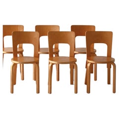 Set of 6 Vintage Alvar Aalto Model 66 Chairs by Artek in Laminated Birch, 1970s