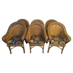 Set of 6 Vintage American Wicker & Rattan Barrel-Back Armchairs, MCM Coastal