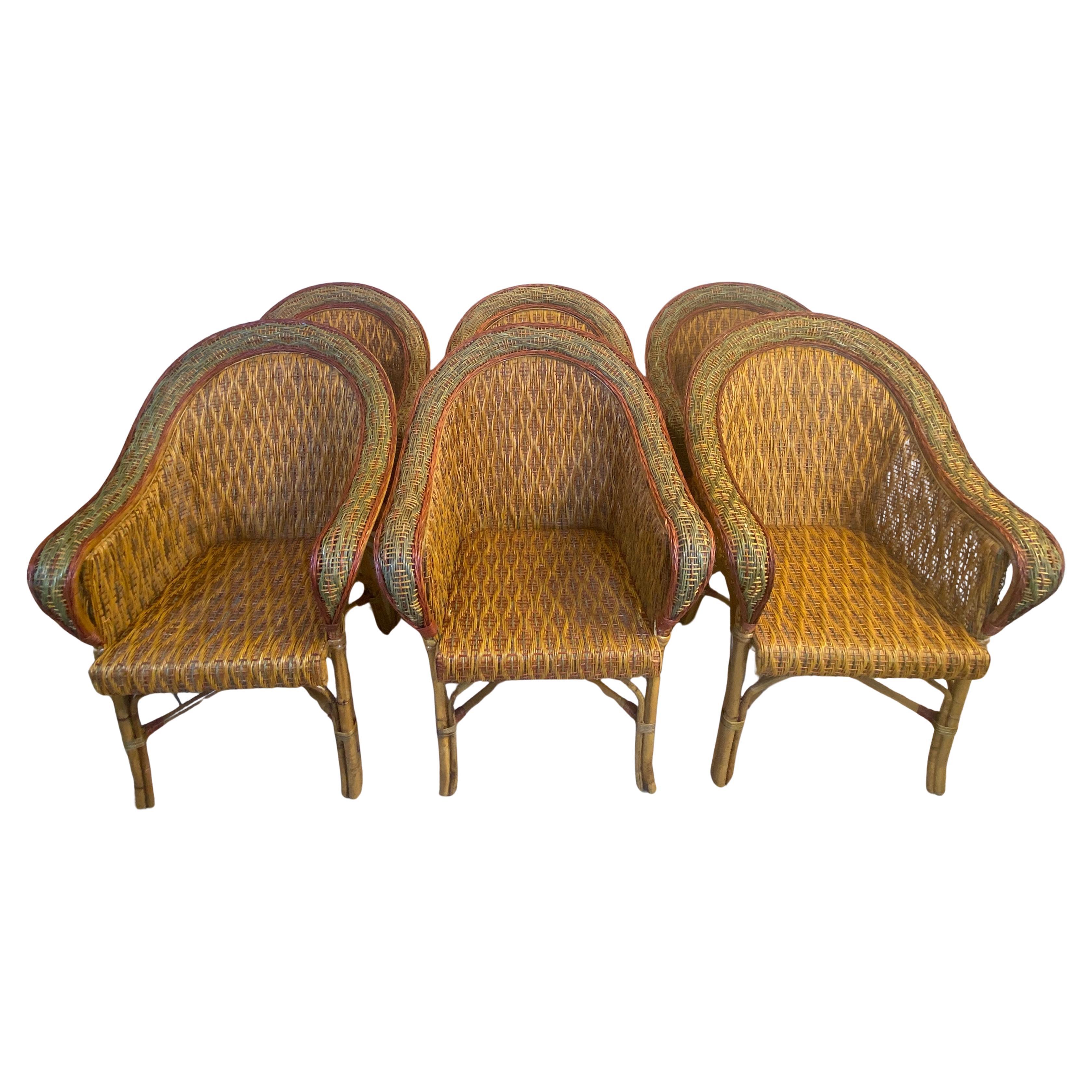 Set of 6 Vintage American Wicker 
Rattan Barrel-Back Armchairs, MCM Coastal