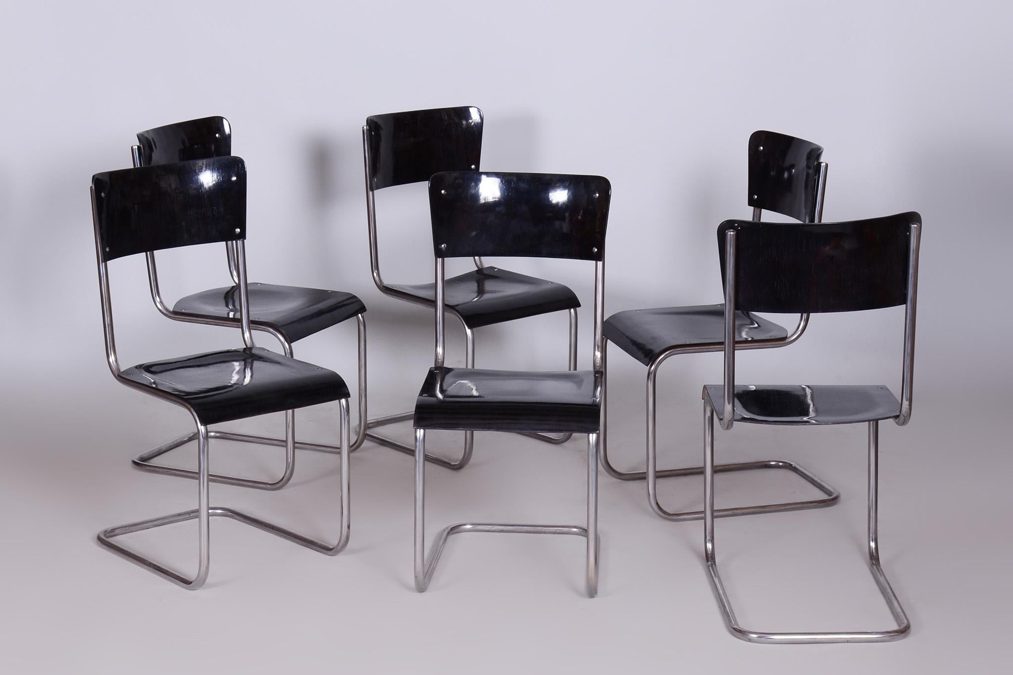 Milieu du XXe siècle Ensemble de 6 chaises Bauhaus vintage, restaurées, brillantes, Vichr a Spol, République tchèque, années 1930 en vente