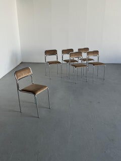 Set of 6 Vintage Bauhaus Chrome Tubular Steel, Beige Velvet Dining Chairs, 1980s
