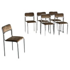 Set of 6 Vintage Bauhaus Chrome Tubular Steel, Beige Velvet Dining Chairs, 1980s